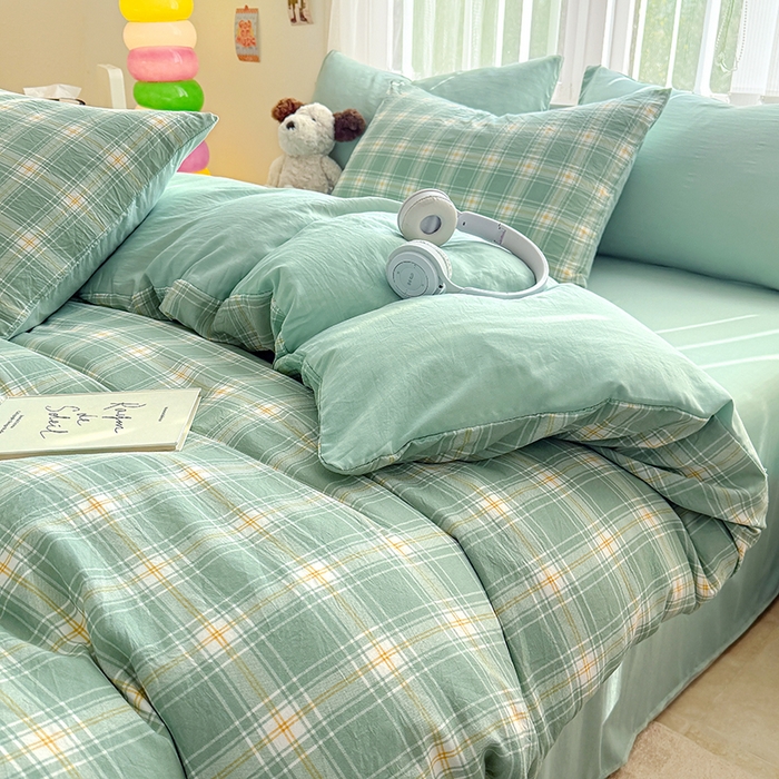 91家纺网 家纺一手货源 找家纺 网客家纺 2026新款软糯云朵棉水洗棉四件套 小绿格