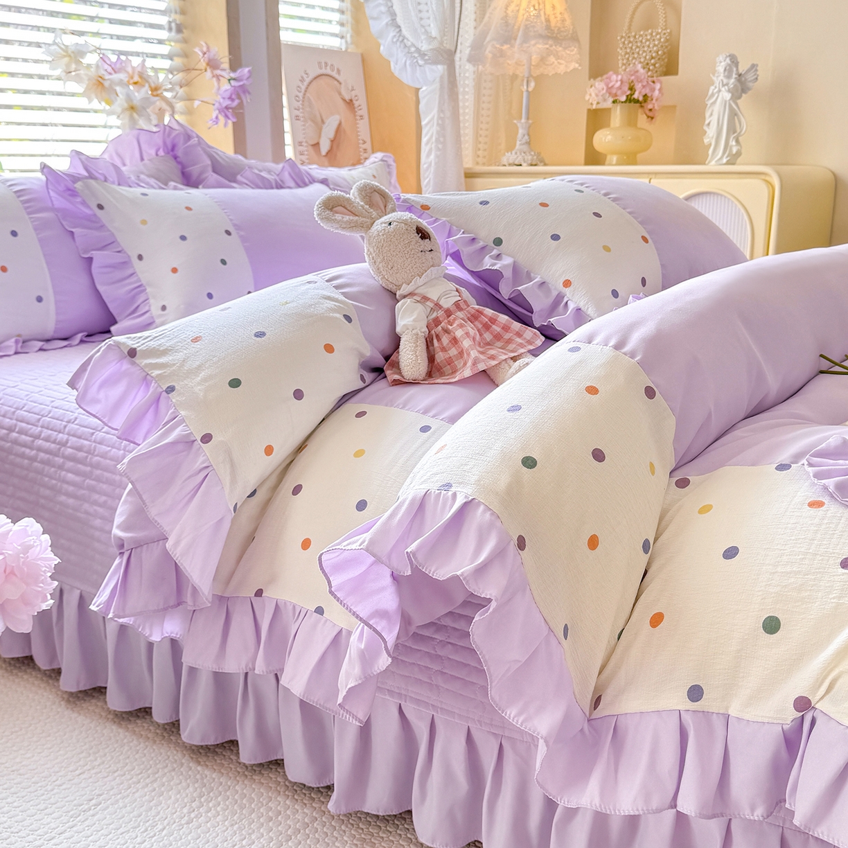 91家纺网 家纺一手货源 找家纺 （总）唐人居 2026新款水洗棉花边床盖四件套-彩色波点