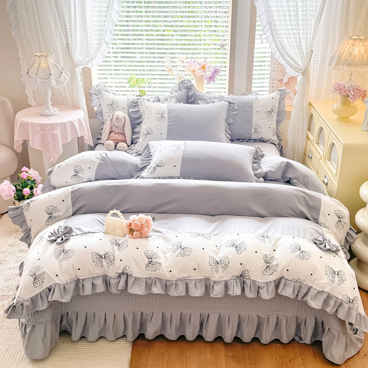 91家纺网 家纺一手货源 找家纺 （总）唐人居 2026新款水洗棉花边床盖四件套-彩色波点