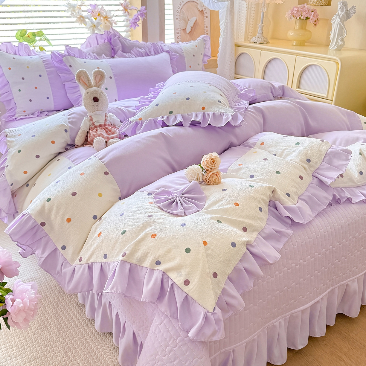 91家纺网 家纺一手货源 找家纺 （总）唐人居 2026新款水洗棉花边床盖四件套-彩色波点