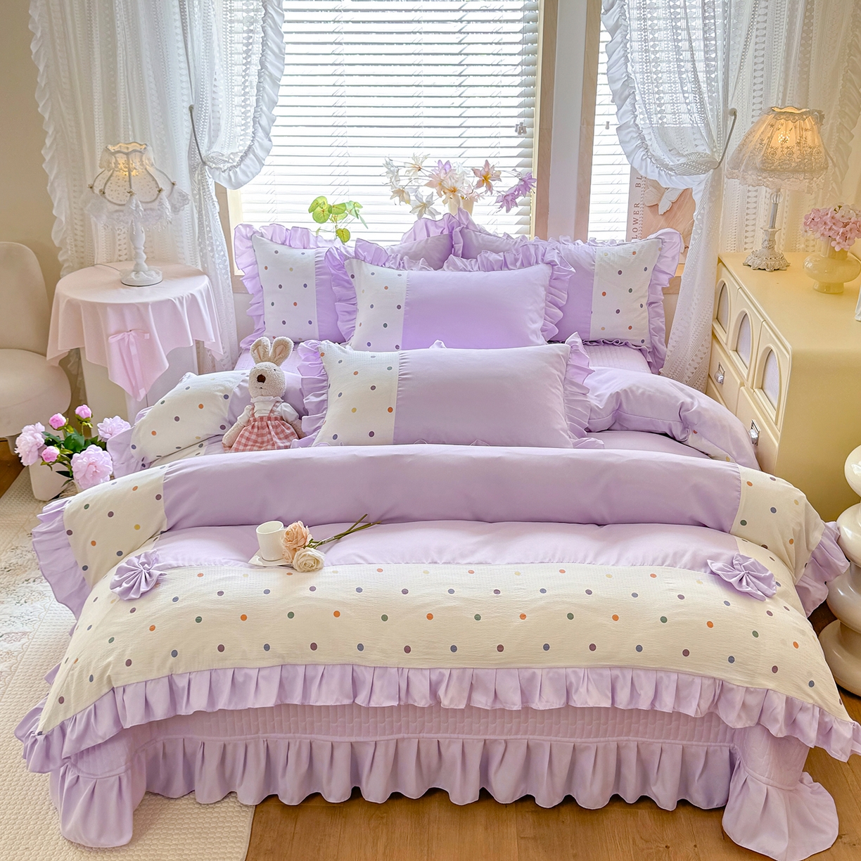 91家纺网 家纺一手货源 找家纺 （总）唐人居 2026新款水洗棉花边床盖四件套-彩色波点