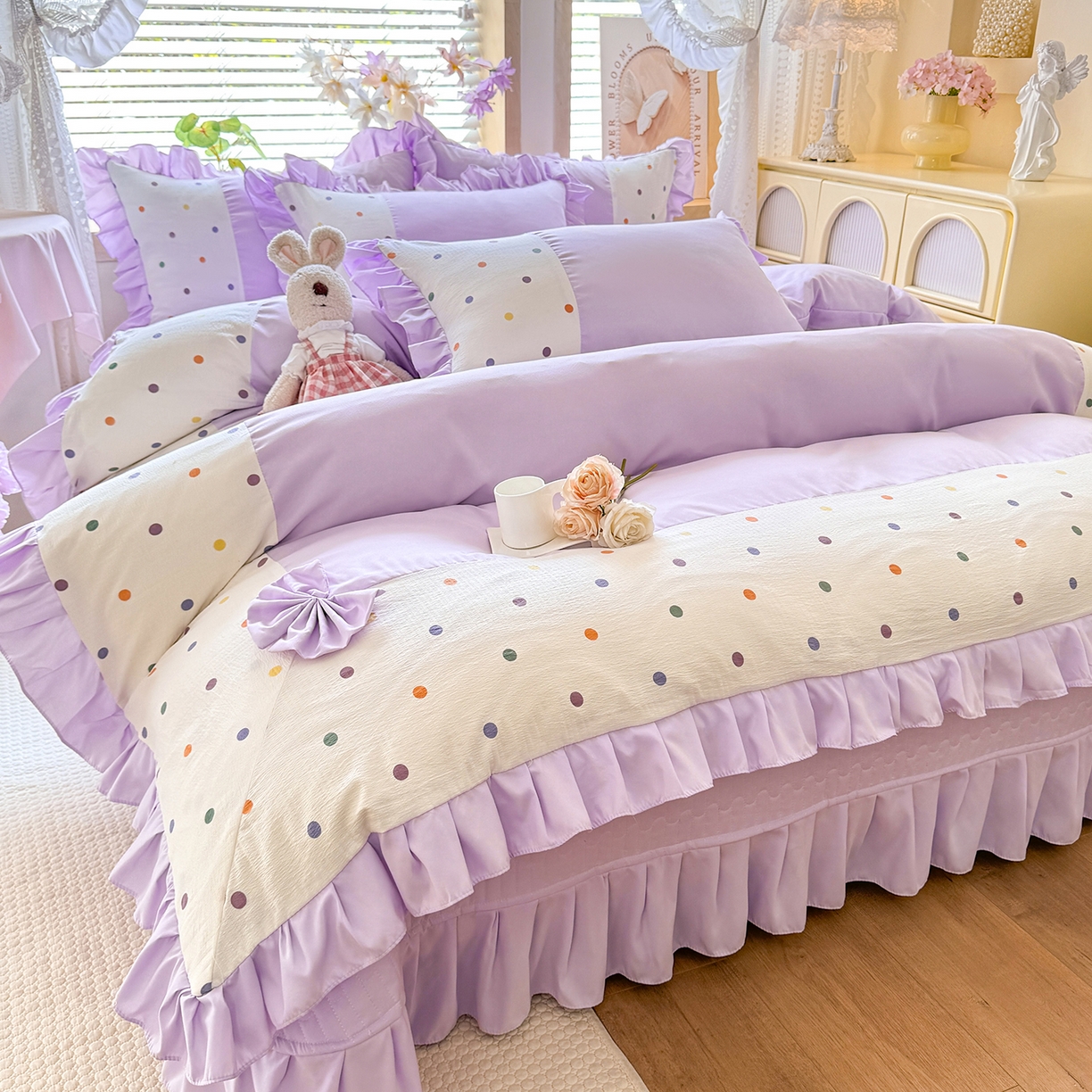 91家纺网 家纺一手货源 找家纺 （总）唐人居 2026新款水洗棉花边床盖四件套-彩色波点