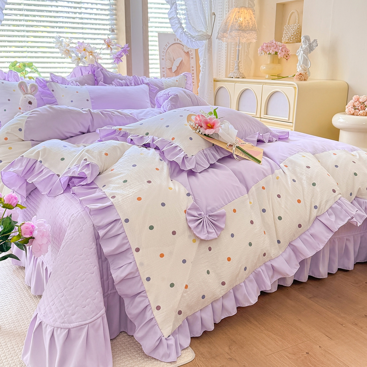 91家纺网 家纺一手货源 找家纺 （总）唐人居 2026新款水洗棉花边床盖四件套-彩色波点