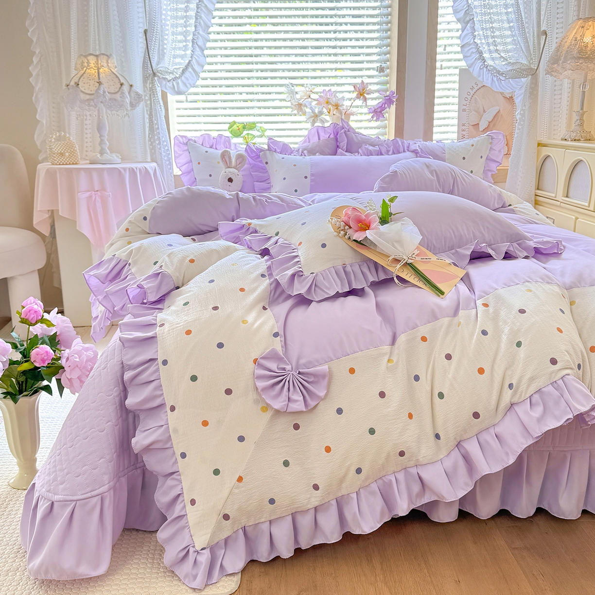 91家纺网 家纺一手货源 找家纺 （总）唐人居 2026新款水洗棉花边床盖四件套-彩色波点