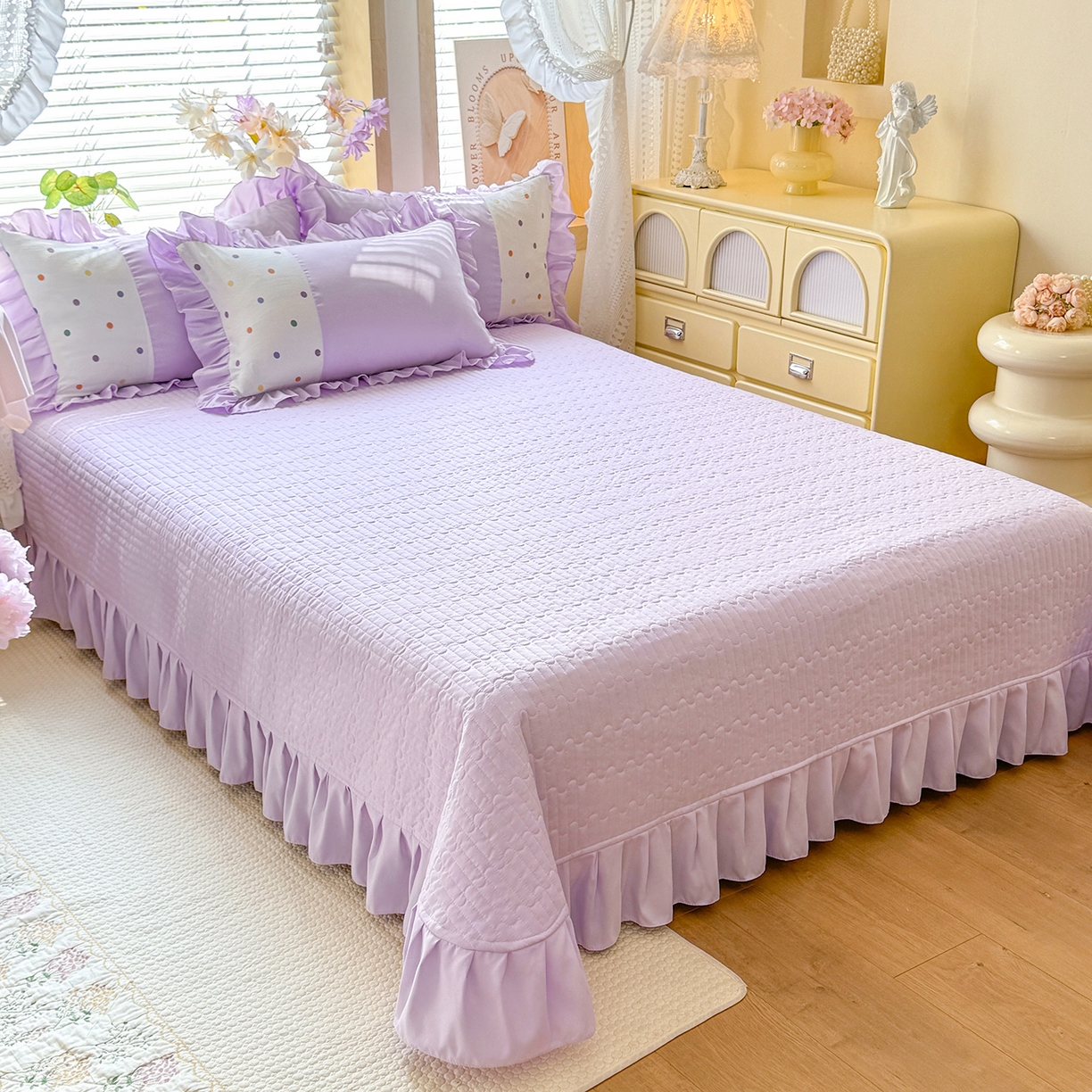 91家纺网 家纺一手货源 找家纺 （总）唐人居 2026新款水洗棉花边床盖四件套-彩色波点