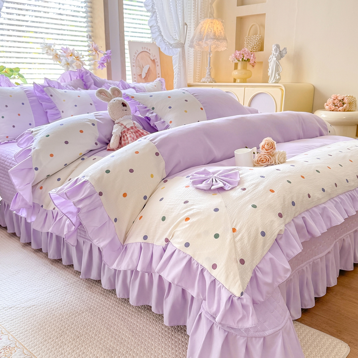 91家纺网 家纺一手货源 找家纺 唐人居 2026新款水洗棉花边床盖四件套-彩色波点 彩色波点-紫