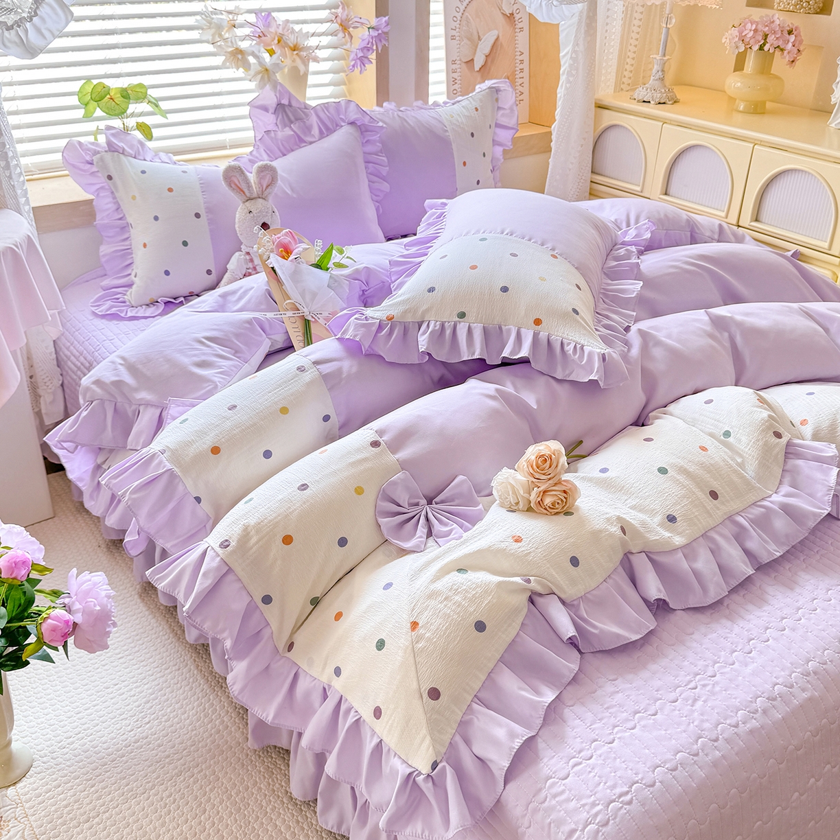 91家纺网 家纺一手货源 找家纺 唐人居 2026新款水洗棉花边床盖四件套-彩色波点 彩色波点-紫