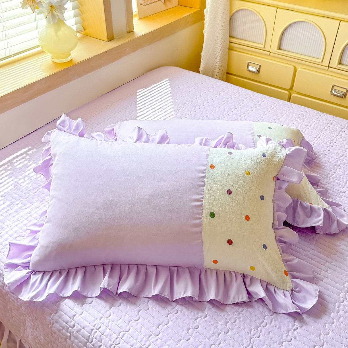 91家纺网 家纺一手货源 找家纺 唐人居 2026新款水洗棉花边床盖四件套-彩色波点 彩色波点-紫