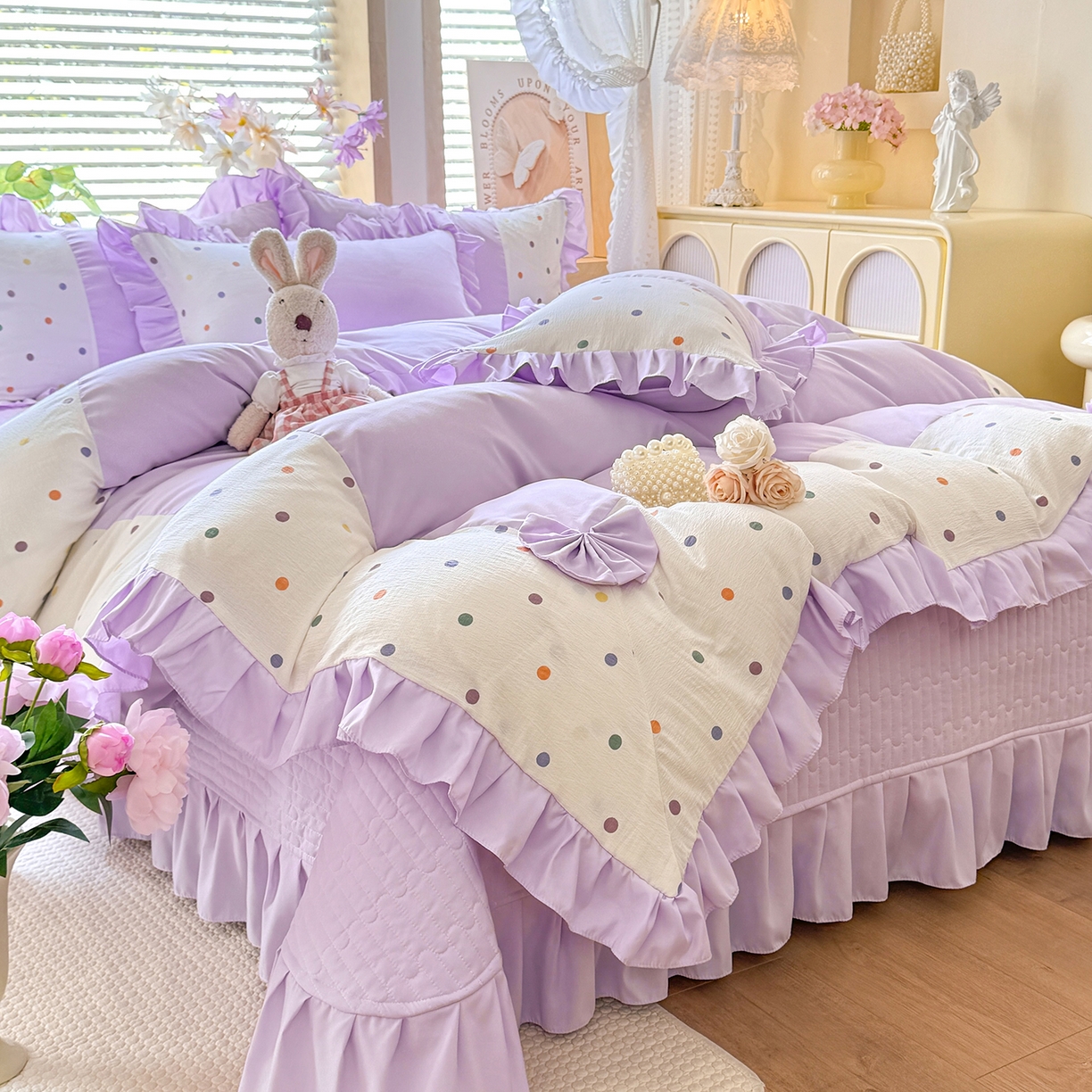 91家纺网 家纺一手货源 找家纺 唐人居 2026新款水洗棉花边床盖四件套-彩色波点 彩色波点-紫