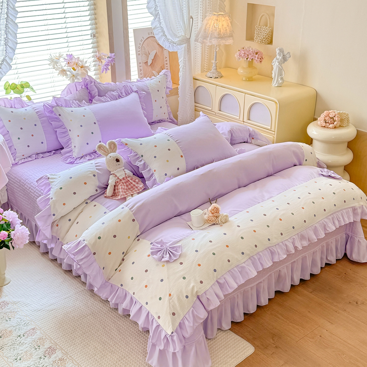 91家纺网 家纺一手货源 找家纺 唐人居 2026新款水洗棉花边床盖四件套-彩色波点 彩色波点-紫