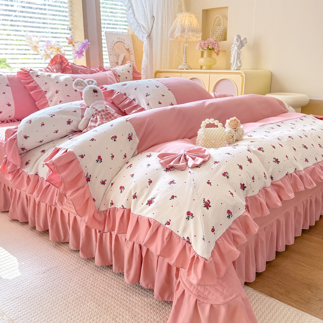 91家纺网 家纺一手货源 找家纺 唐人居 2026新款水洗棉花边床盖四件套-彩色波点 彩色波点-豆沙