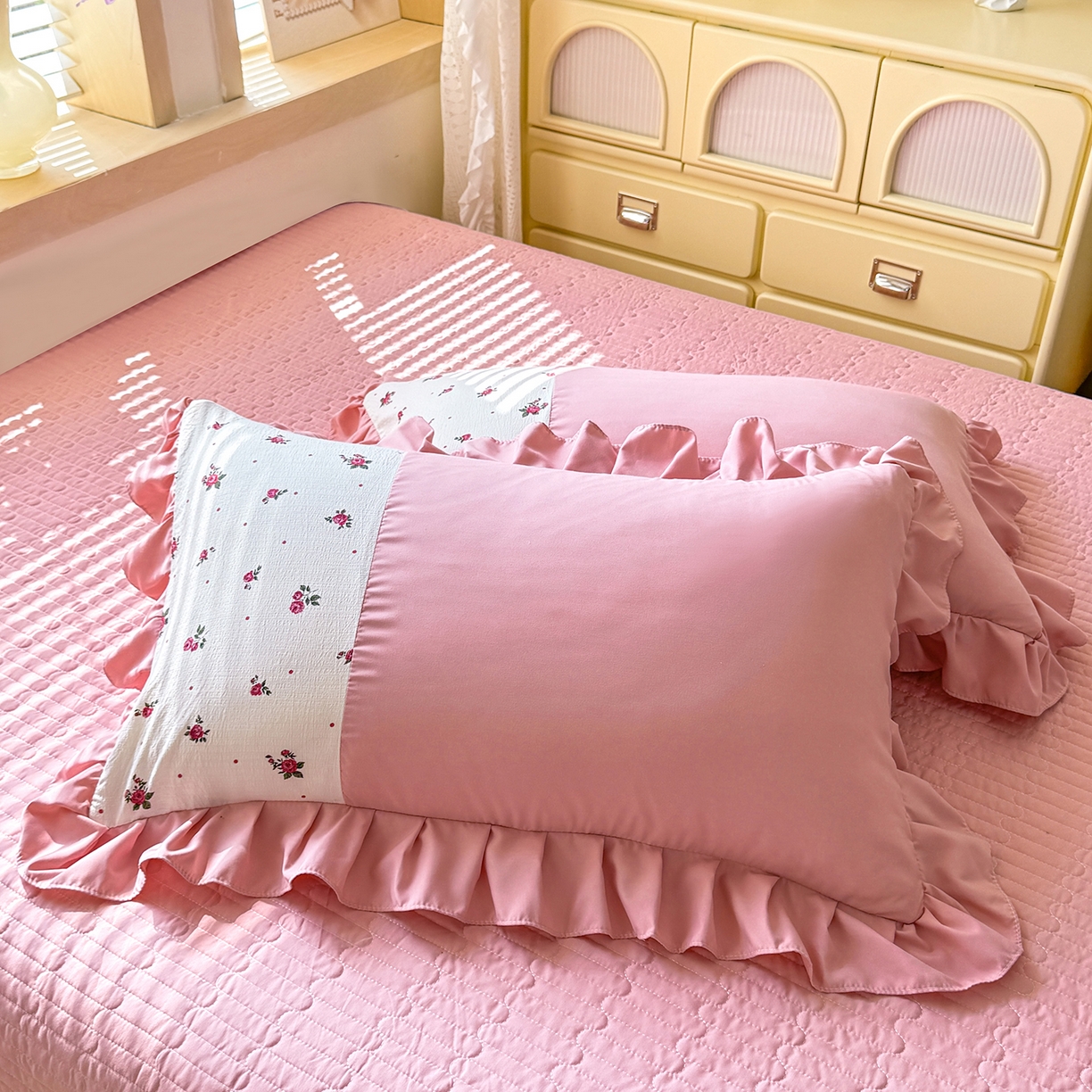 91家纺网 家纺一手货源 找家纺 唐人居 2026新款水洗棉花边床盖四件套-彩色波点 彩色波点-豆沙