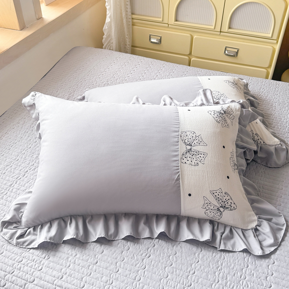 91家纺网 家纺一手货源 找家纺 唐人居 2026新款水洗棉花边床盖四件套-彩色波点 彩色波点-灰