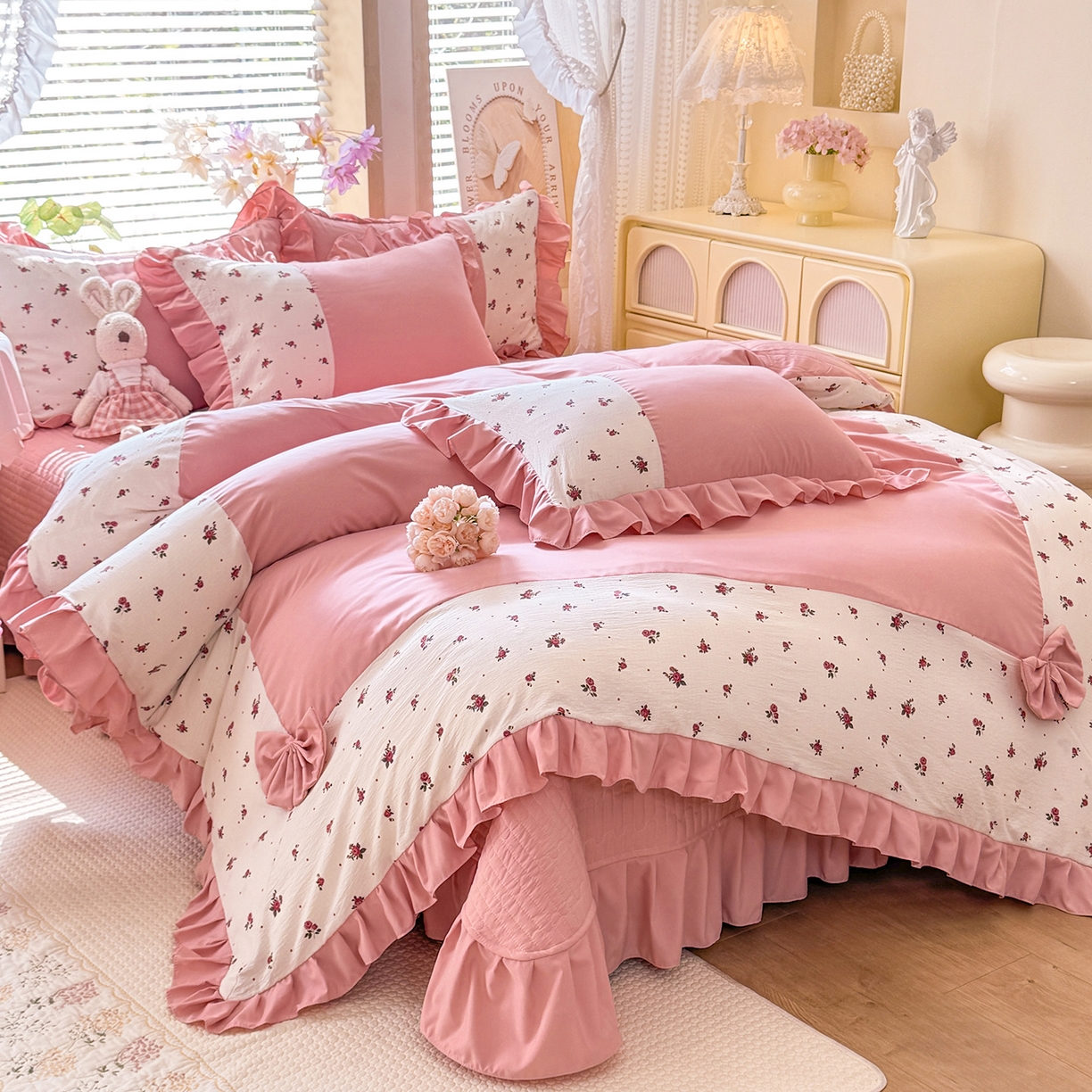 91家纺网 家纺一手货源 找家纺 唐人居 2026新款水洗棉花边床盖四件套-彩色波点 彩色波点-豆沙