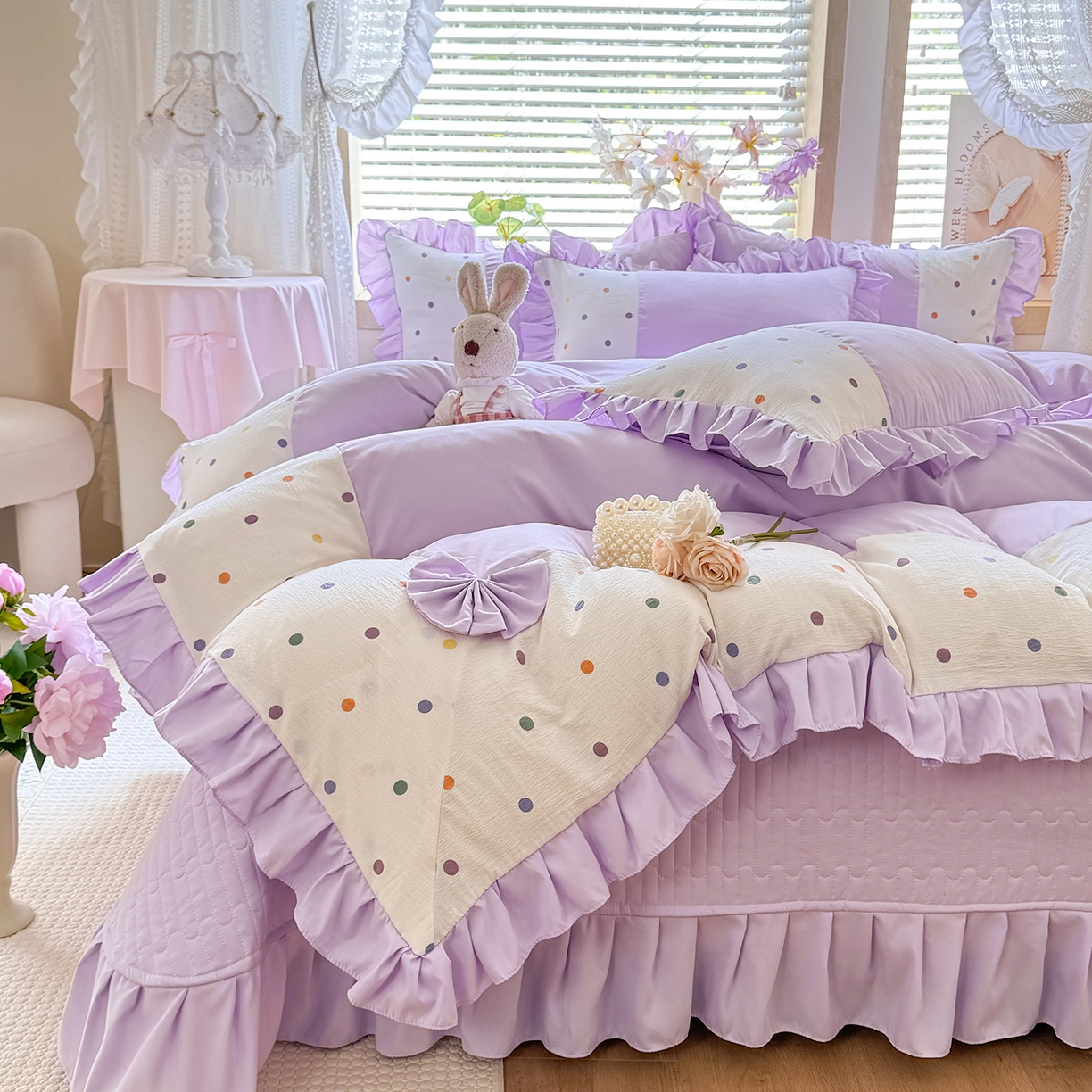 91家纺网 家纺一手货源 找家纺 唐人居 2026新款水洗棉花边床盖四件套-彩色波点 彩色波点-紫