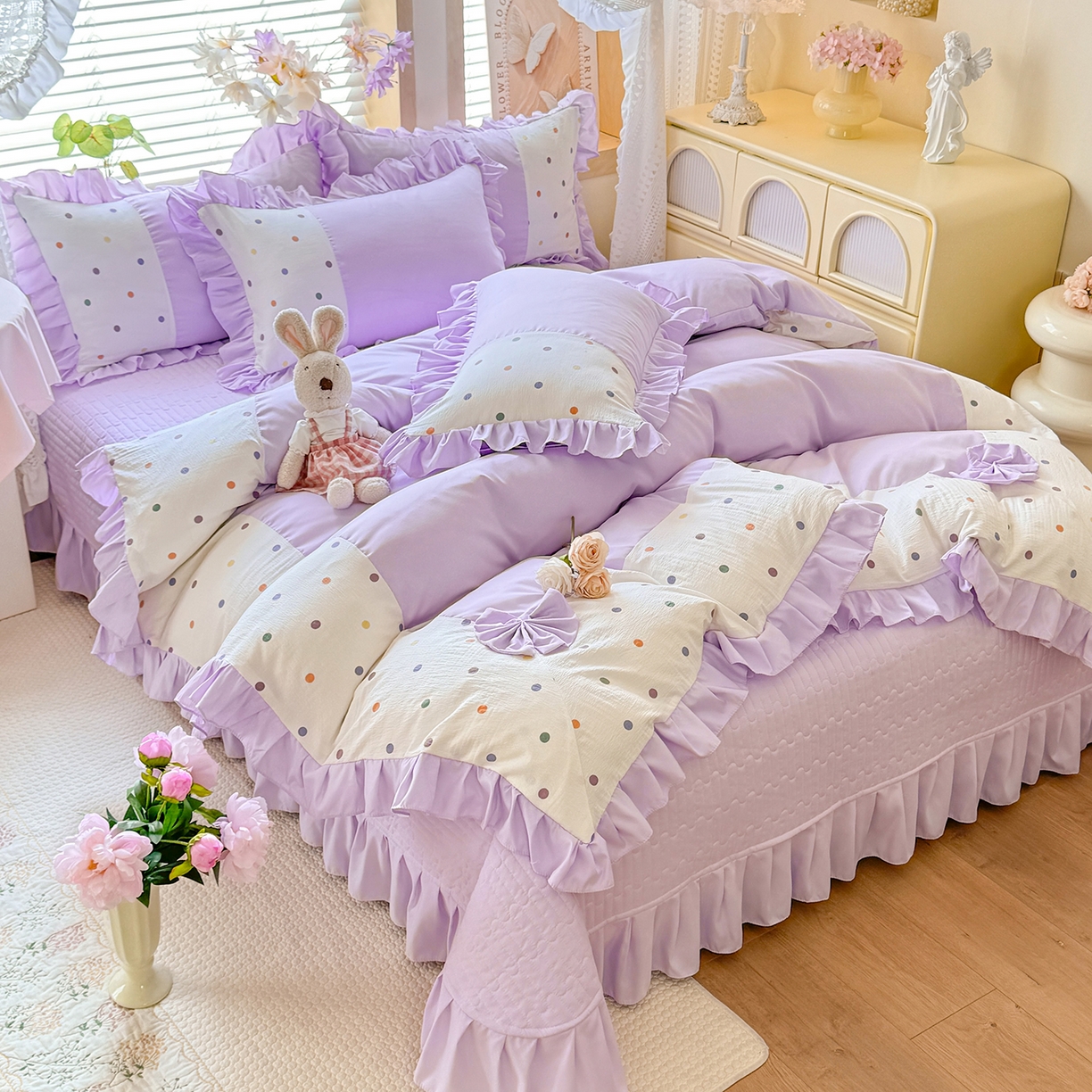 91家纺网 家纺一手货源 找家纺 唐人居 2026新款水洗棉花边床盖四件套-彩色波点 彩色波点-紫