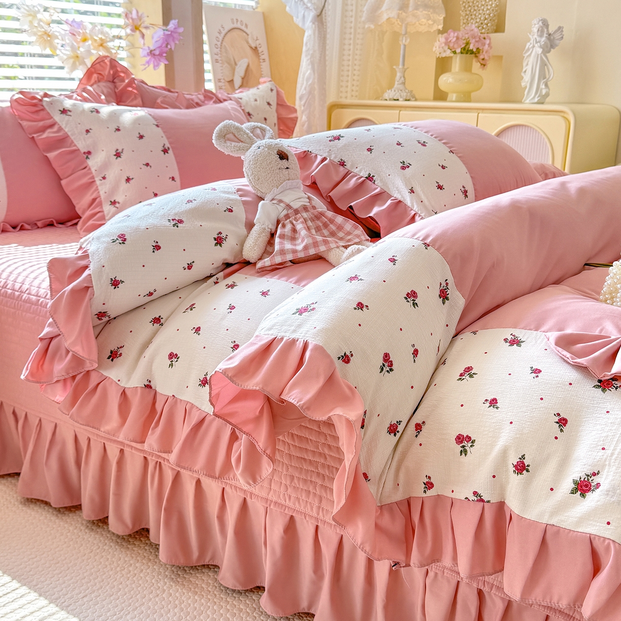 91家纺网 家纺一手货源 找家纺 唐人居 2026新款水洗棉花边床盖四件套-彩色波点 彩色波点-豆沙