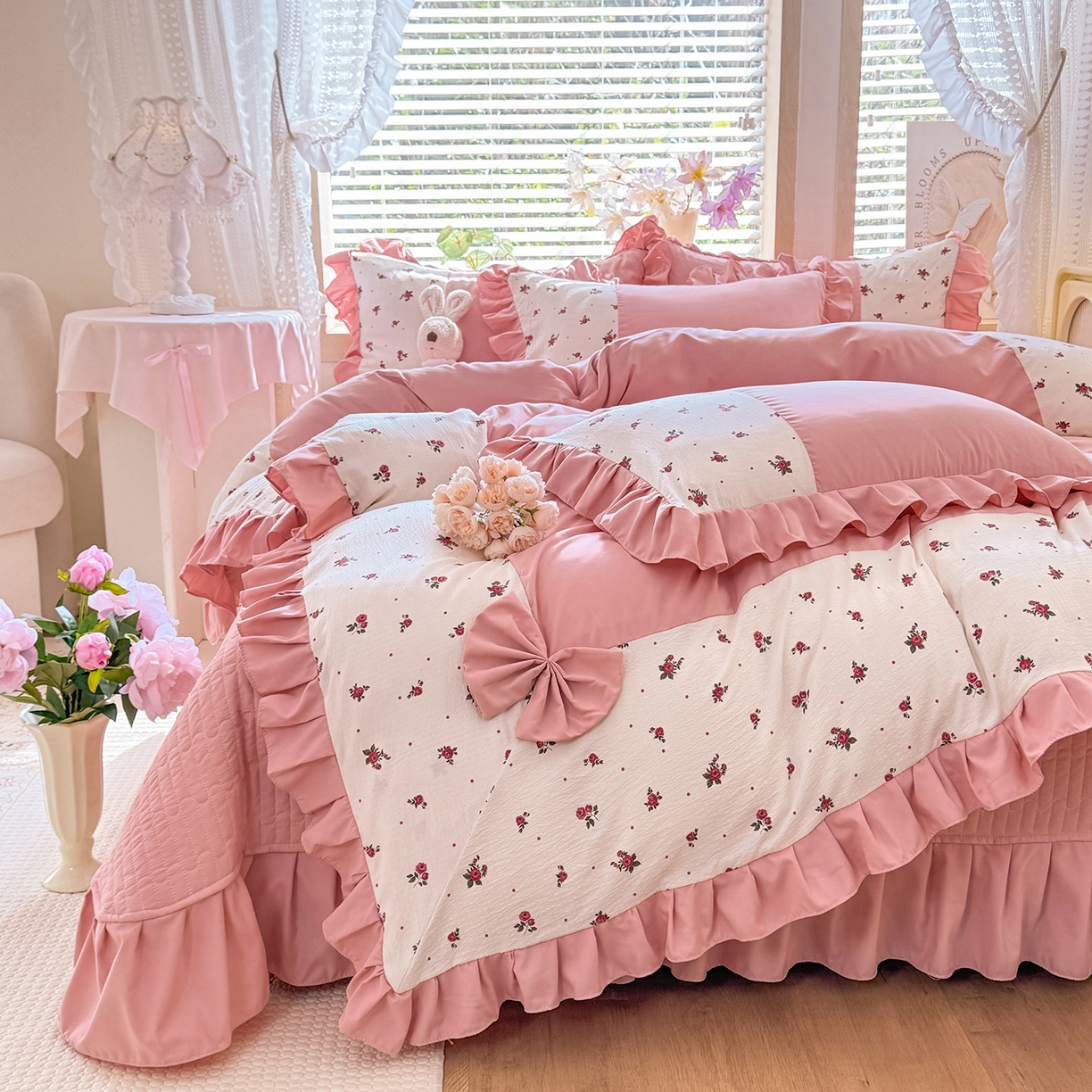 91家纺网 家纺一手货源 找家纺 唐人居 2026新款水洗棉花边床盖四件套-彩色波点 彩色波点-豆沙