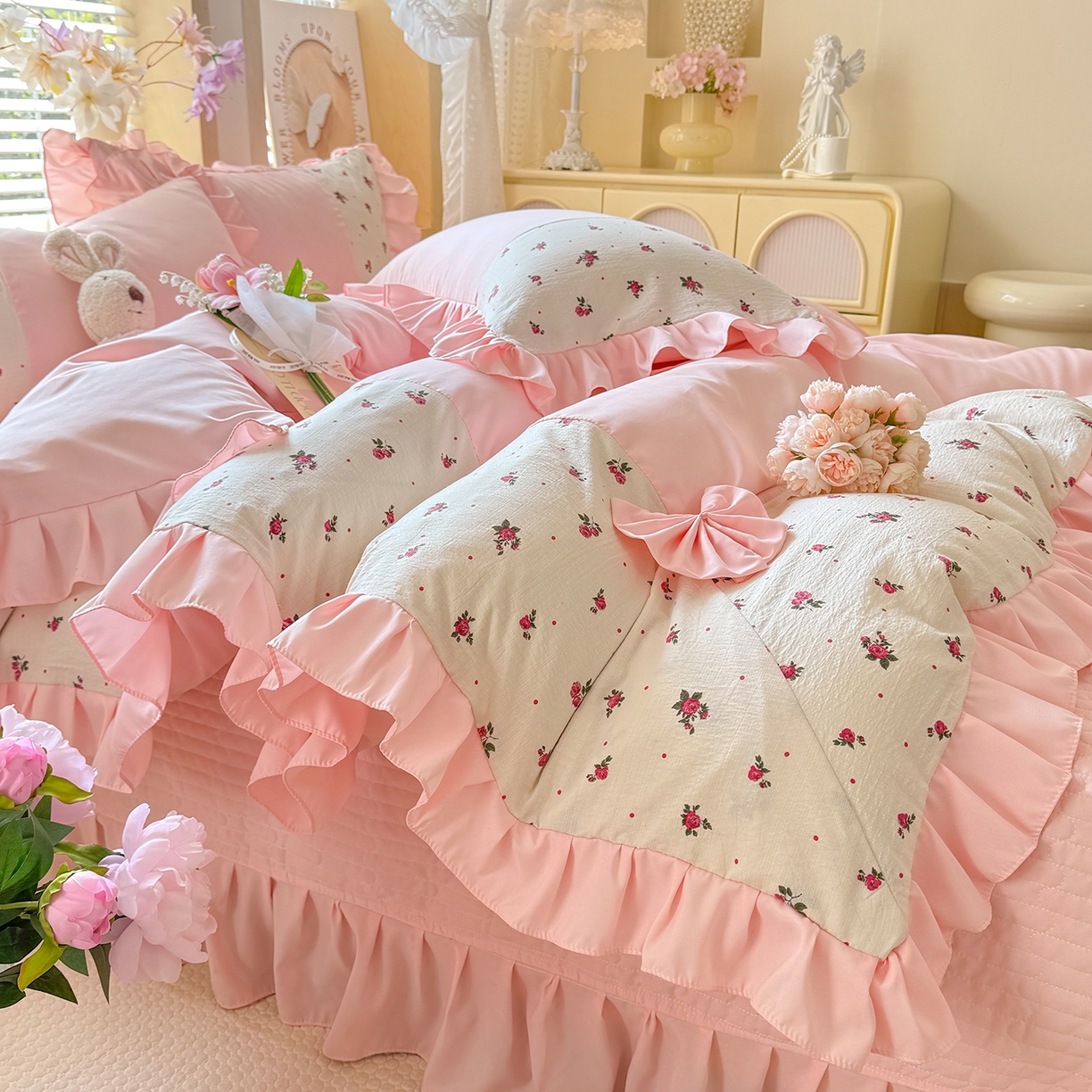 91家纺网 家纺一手货源 找家纺 唐人居 2026新款水洗棉花边床盖四件套-彩色波点 彩色波点-粉