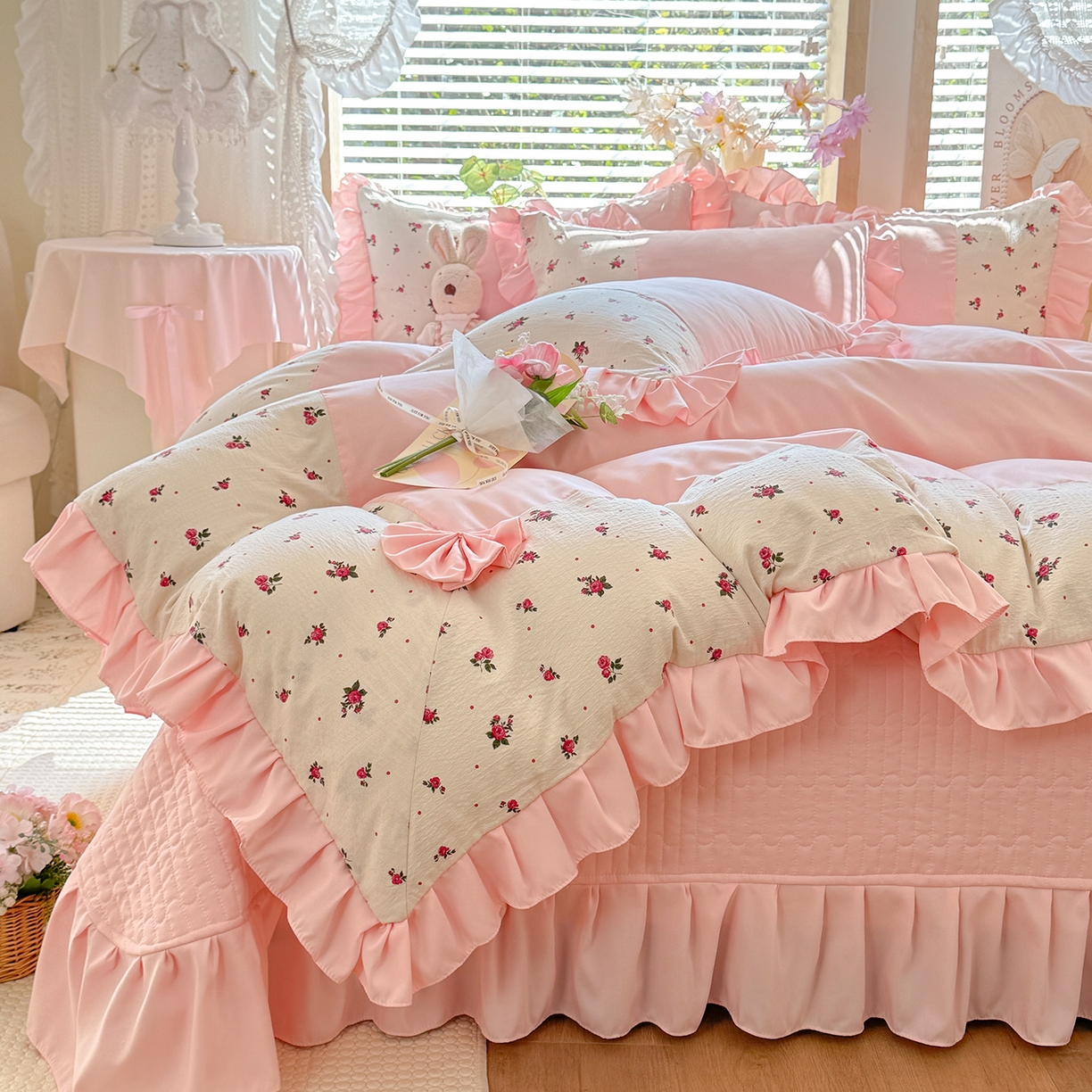 91家纺网 家纺一手货源 找家纺 唐人居 2026新款水洗棉花边床盖四件套-彩色波点 彩色波点-粉