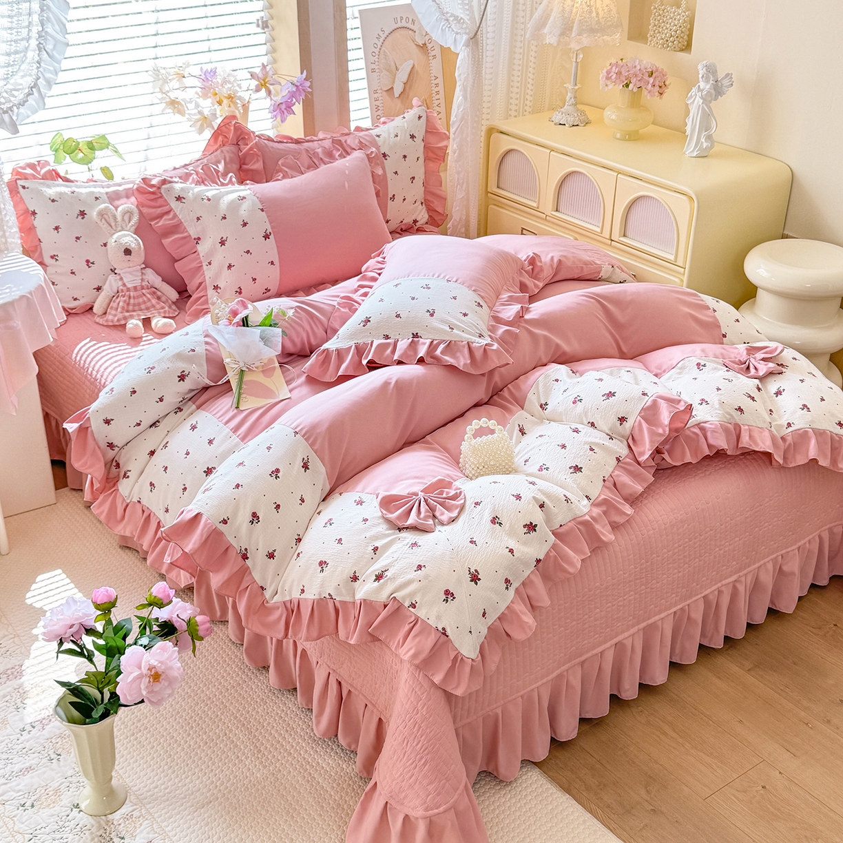 91家纺网 家纺一手货源 找家纺 唐人居 2026新款水洗棉花边床盖四件套-彩色波点 彩色波点-豆沙