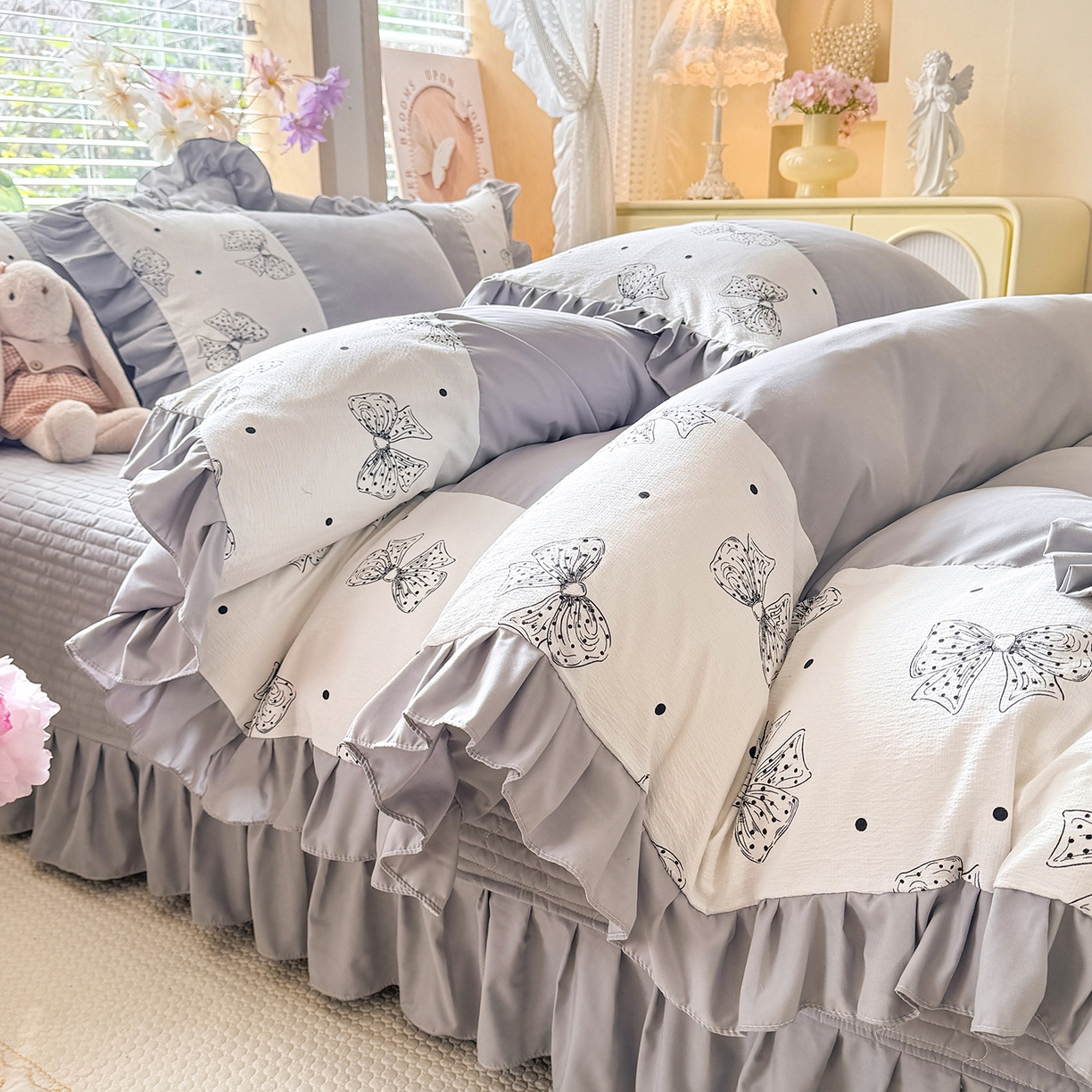 91家纺网 家纺一手货源 找家纺 唐人居 2026新款水洗棉花边床盖四件套-彩色波点 彩色波点-灰