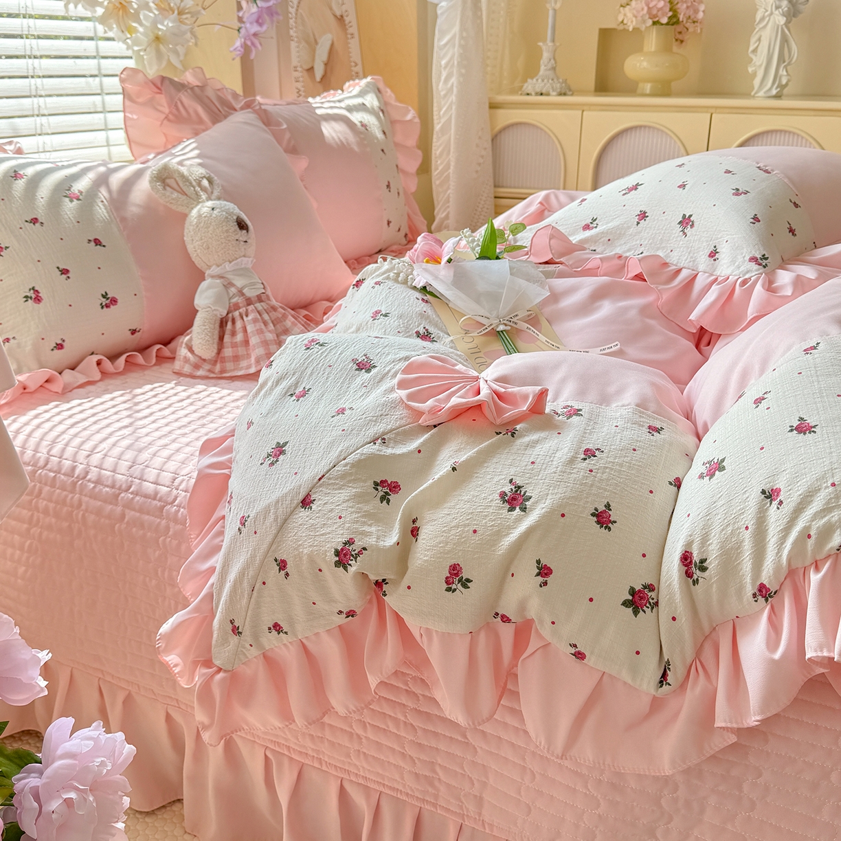 91家纺网 家纺一手货源 找家纺 唐人居 2026新款水洗棉花边床盖四件套-彩色波点 彩色波点-粉