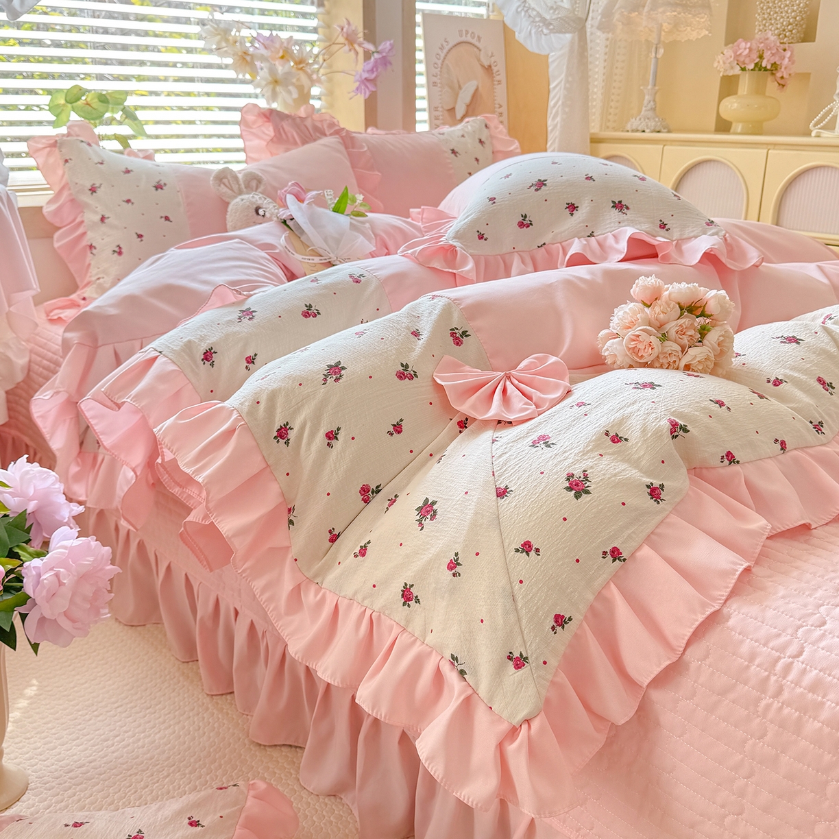 91家纺网 家纺一手货源 找家纺 唐人居 2026新款水洗棉花边床盖四件套-彩色波点 彩色波点-粉