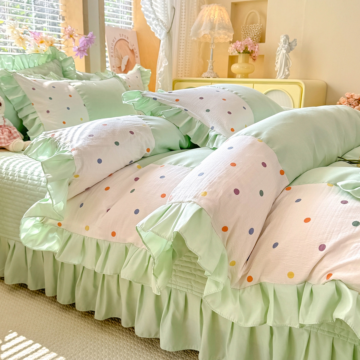 91家纺网 家纺一手货源 找家纺 唐人居 2026新款水洗棉花边床盖四件套-彩色波点 彩色波点-绿