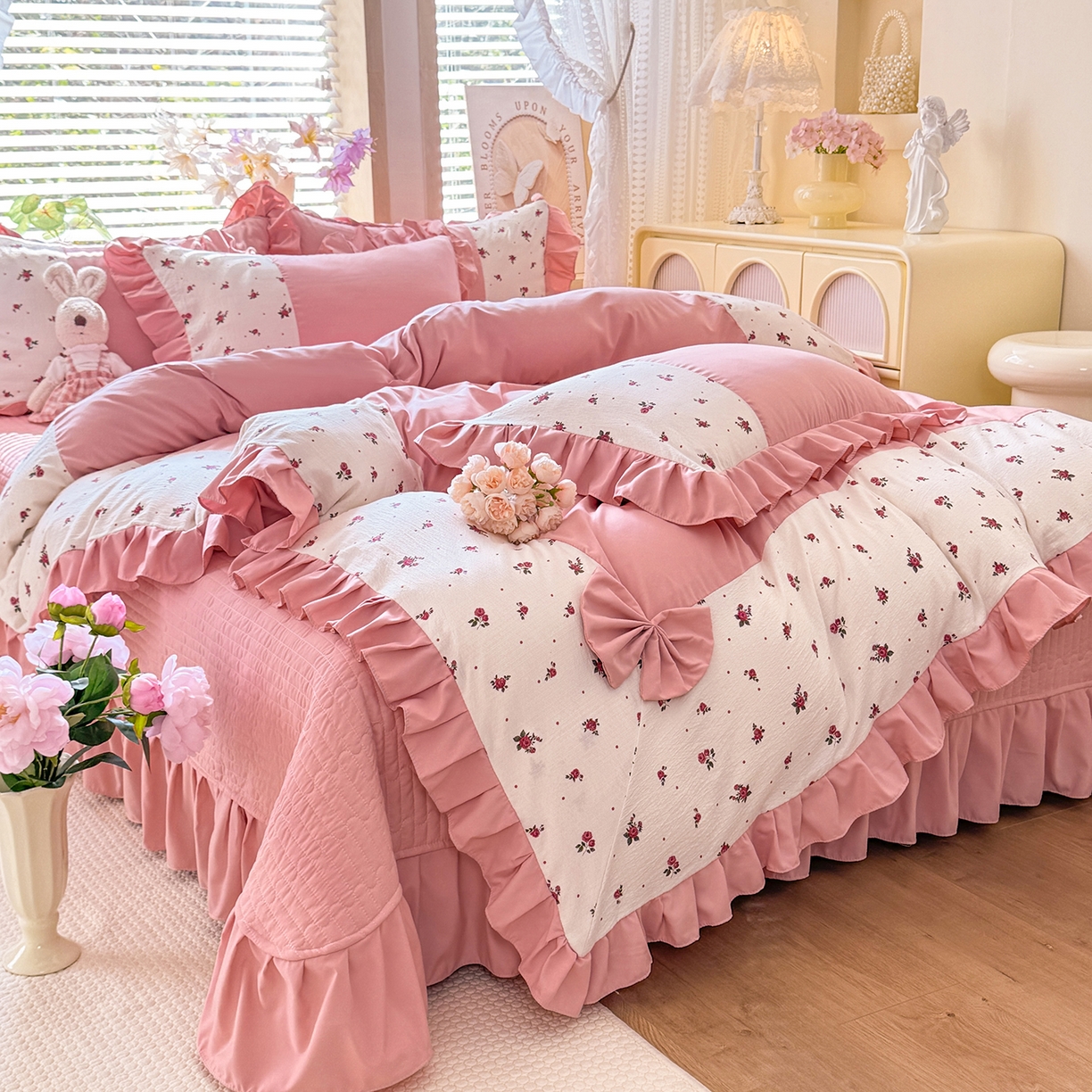 91家纺网 家纺一手货源 找家纺 唐人居 2026新款水洗棉花边床盖四件套-彩色波点 彩色波点-豆沙