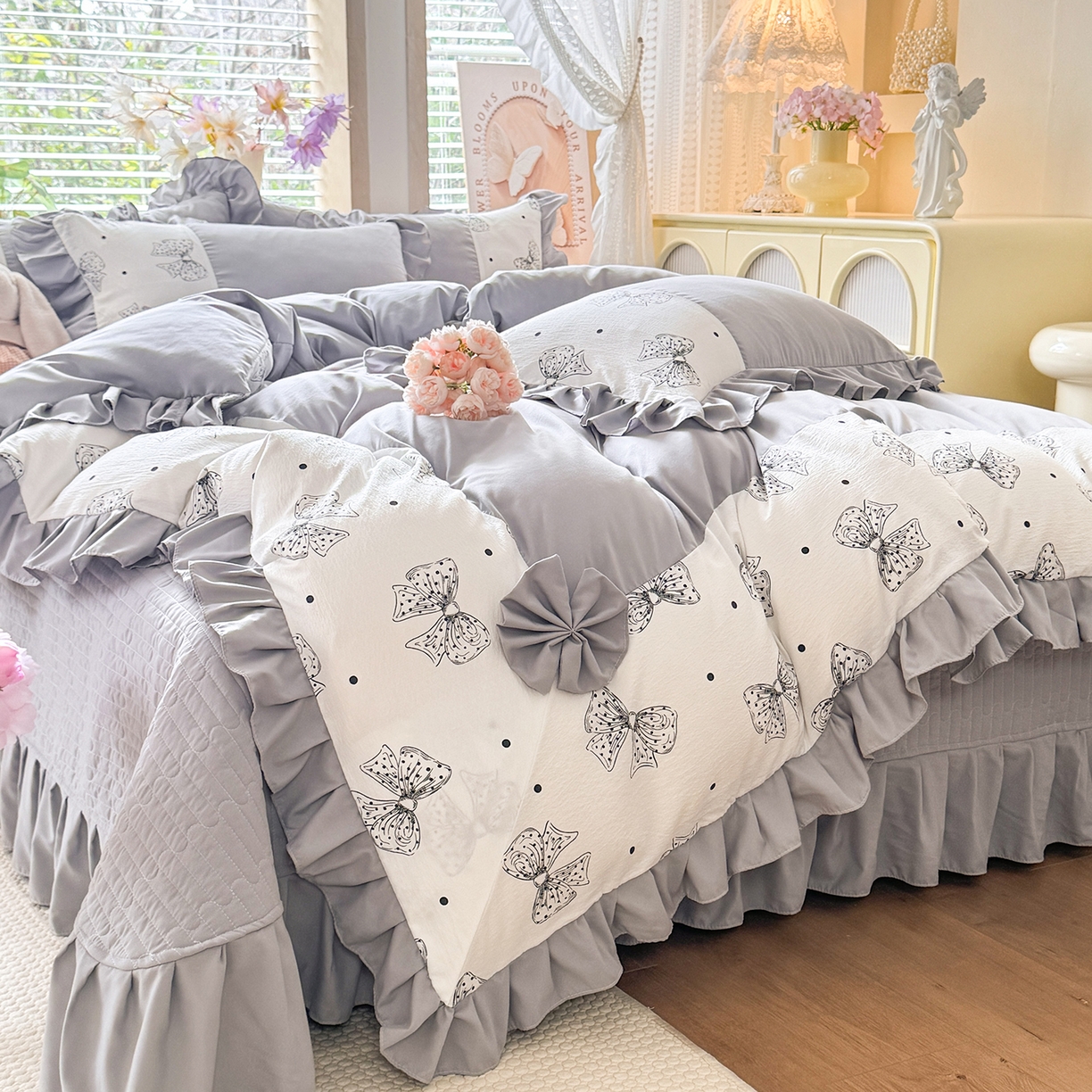 91家纺网 家纺一手货源 找家纺 唐人居 2026新款水洗棉花边床盖四件套-彩色波点 彩色波点-灰