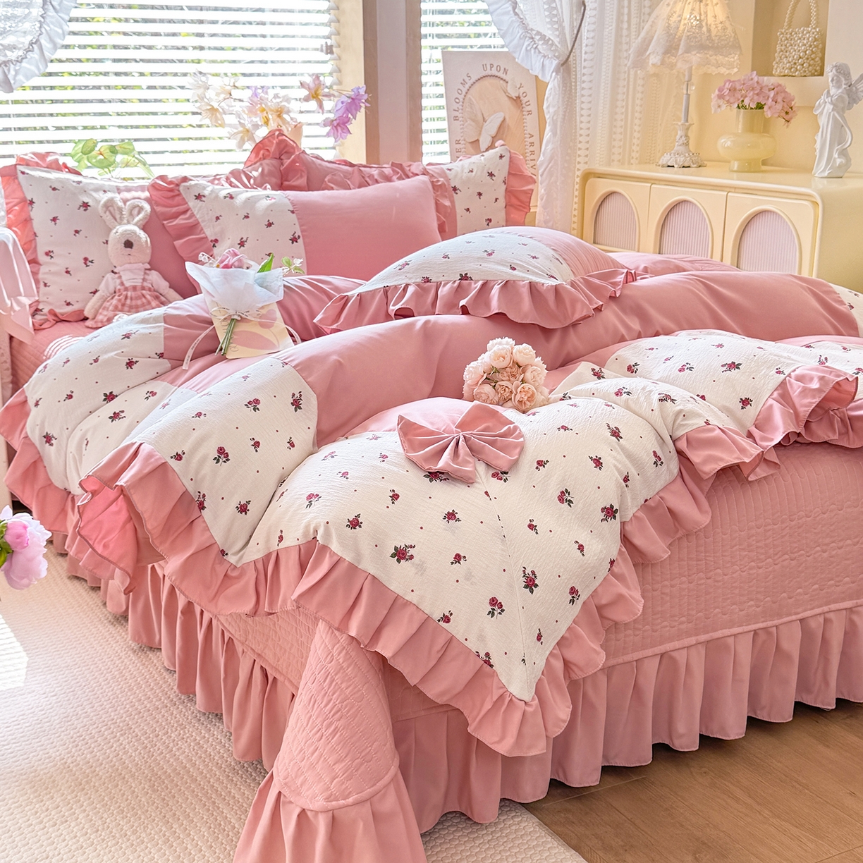 91家纺网 家纺一手货源 找家纺 唐人居 2026新款水洗棉花边床盖四件套-彩色波点 彩色波点-豆沙