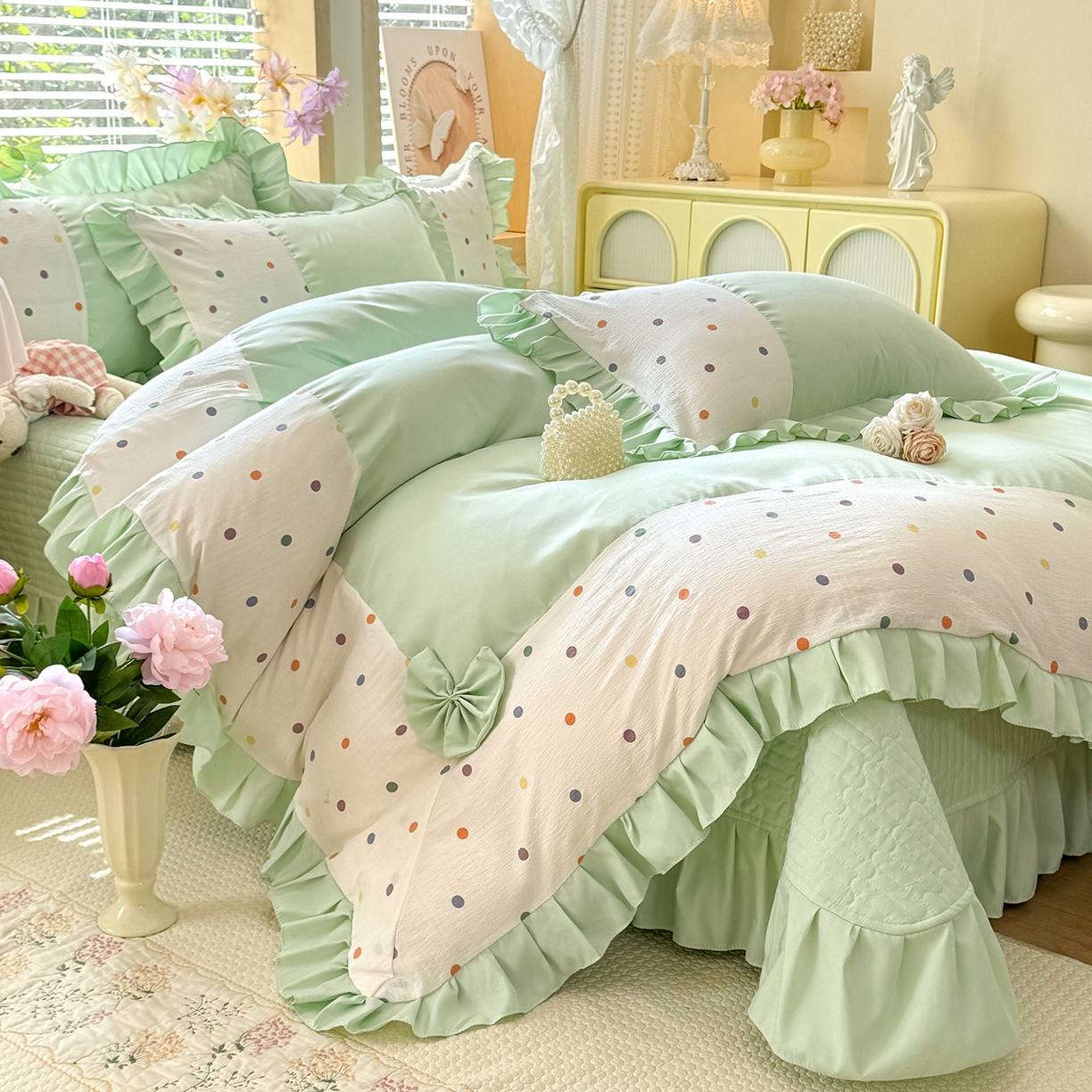 91家纺网 家纺一手货源 找家纺 唐人居 2026新款水洗棉花边床盖四件套-彩色波点 彩色波点-绿