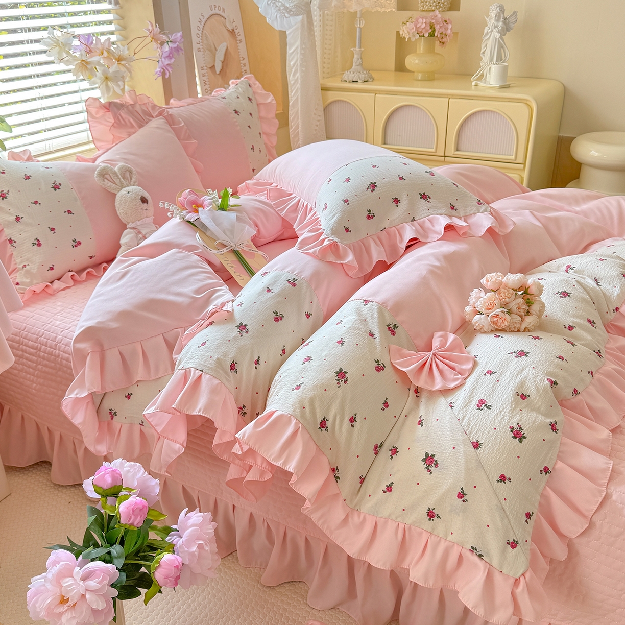 91家纺网 家纺一手货源 找家纺 唐人居 2026新款水洗棉花边床盖四件套-彩色波点 彩色波点-粉