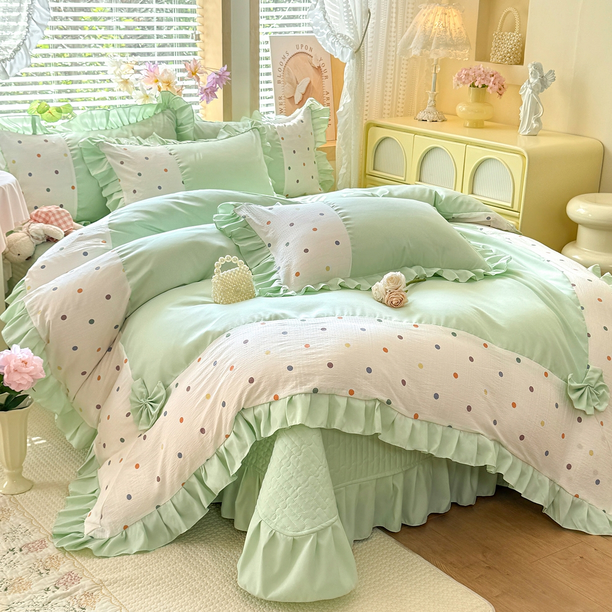 91家纺网 家纺一手货源 找家纺 唐人居 2026新款水洗棉花边床盖四件套-彩色波点 彩色波点-绿