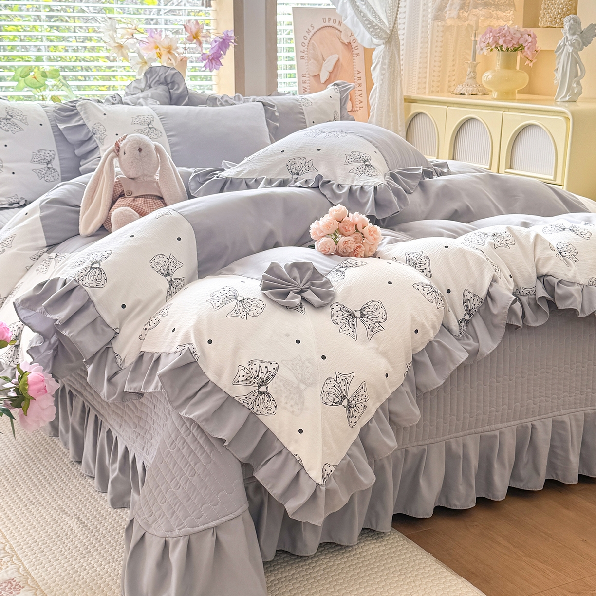 91家纺网 家纺一手货源 找家纺 唐人居 2026新款水洗棉花边床盖四件套-彩色波点 彩色波点-灰