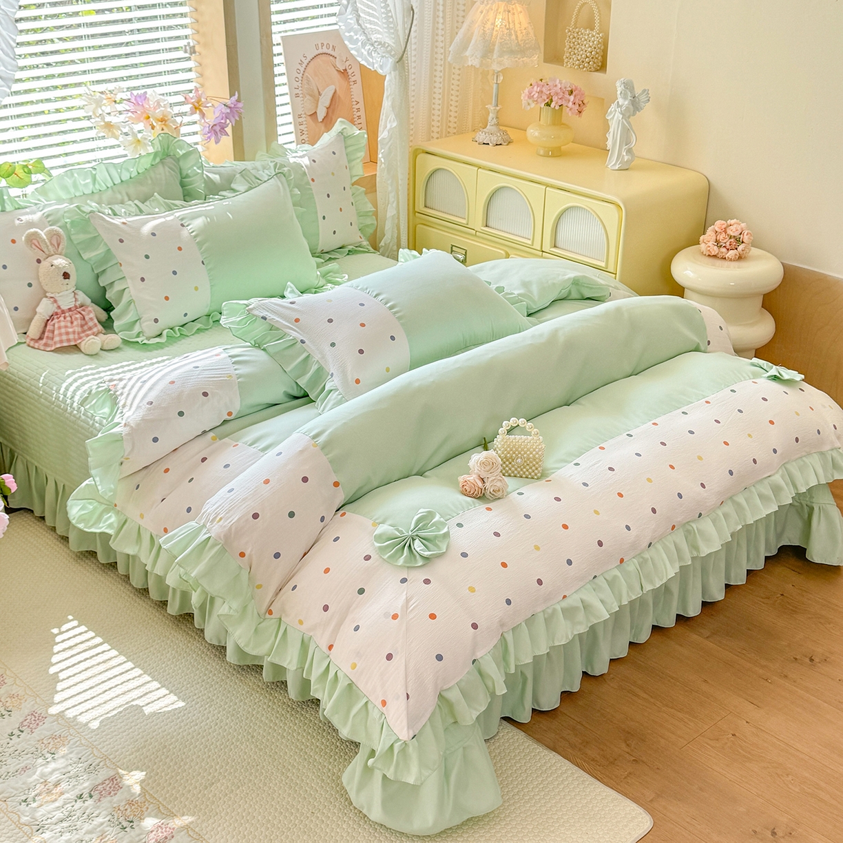 91家纺网 家纺一手货源 找家纺 唐人居 2026新款水洗棉花边床盖四件套-彩色波点 彩色波点-绿