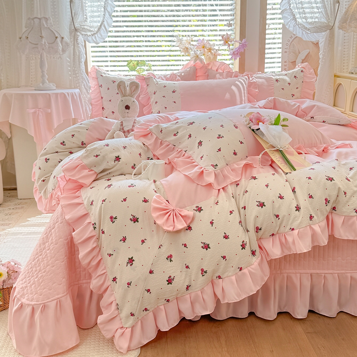 91家纺网 家纺一手货源 找家纺 唐人居 2026新款水洗棉花边床盖四件套-彩色波点 彩色波点-粉