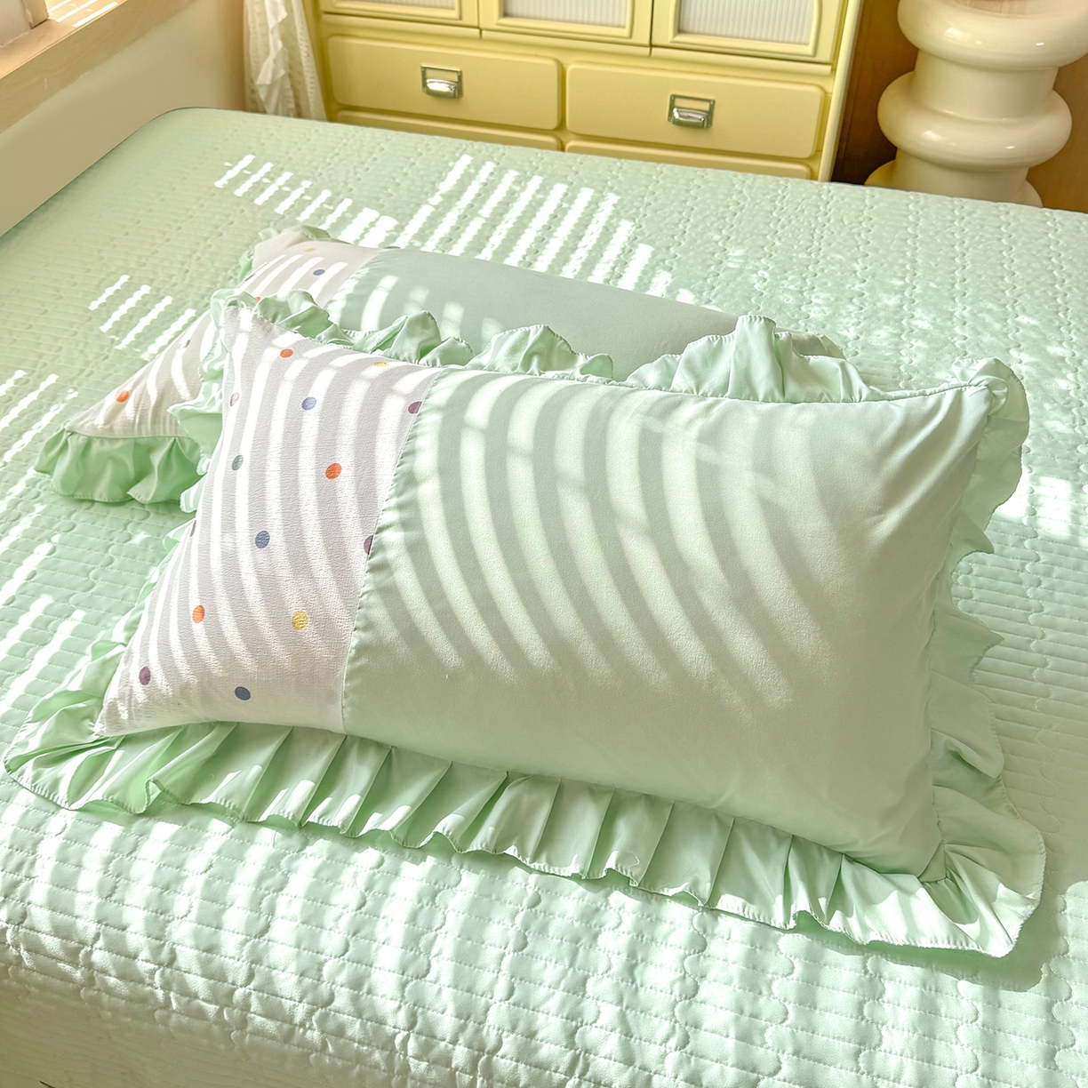 91家纺网 家纺一手货源 找家纺 唐人居 2026新款水洗棉花边床盖四件套-彩色波点 彩色波点-绿