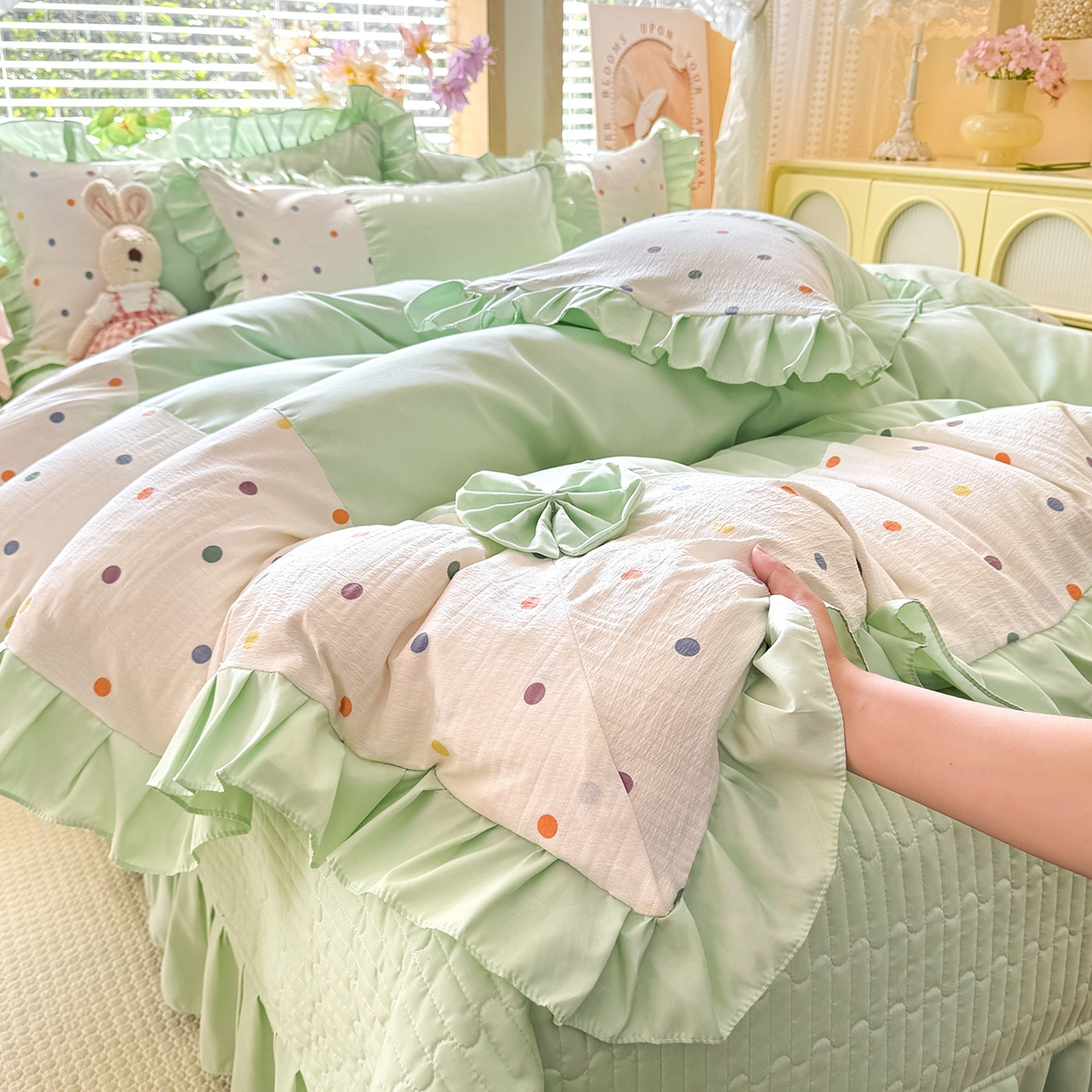 91家纺网 家纺一手货源 找家纺 唐人居 2026新款水洗棉花边床盖四件套-彩色波点 彩色波点-绿