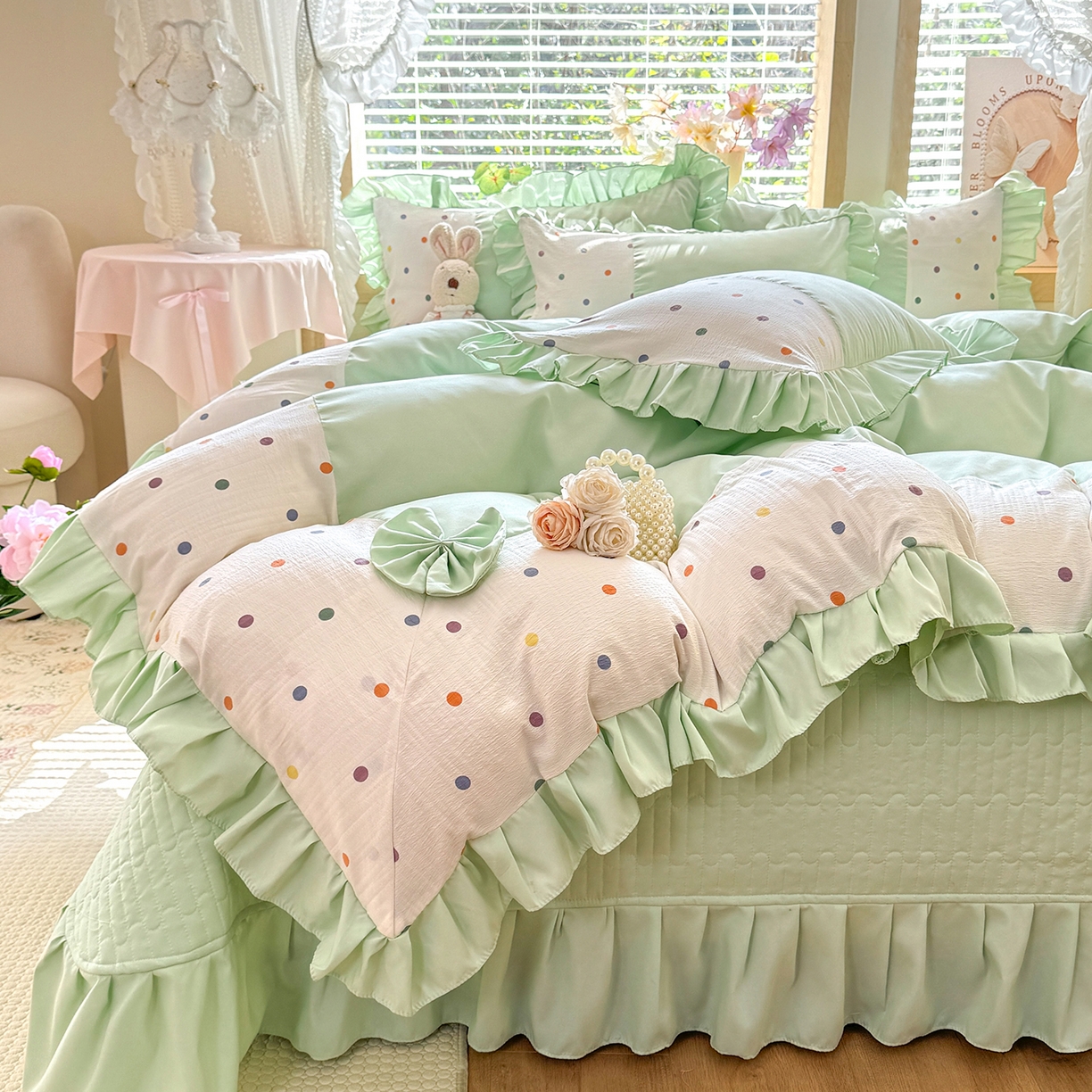 91家纺网 家纺一手货源 找家纺 唐人居 2026新款水洗棉花边床盖四件套-彩色波点 彩色波点-绿