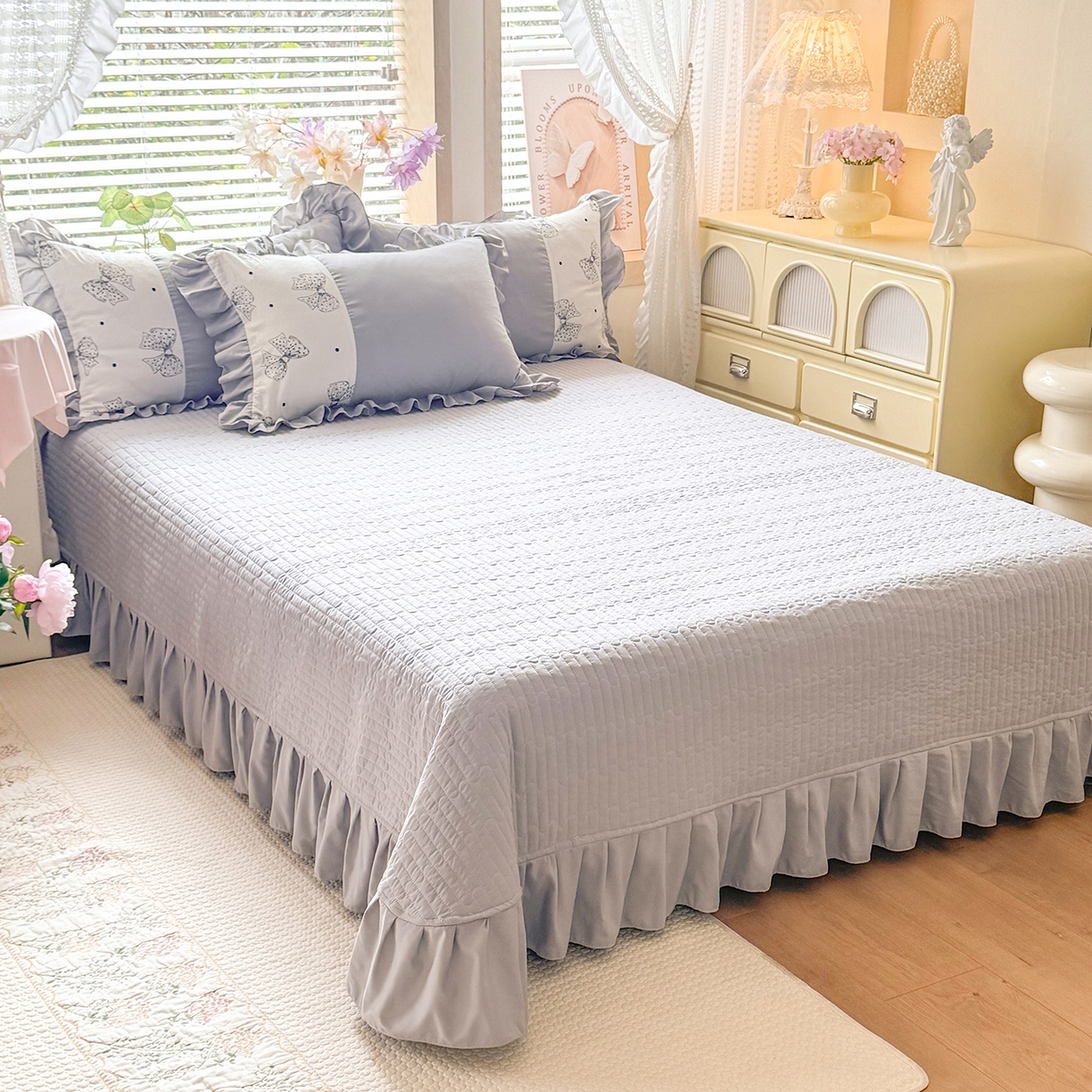 91家纺网 家纺一手货源 找家纺 唐人居 2026新款水洗棉花边床盖四件套-彩色波点 彩色波点-灰