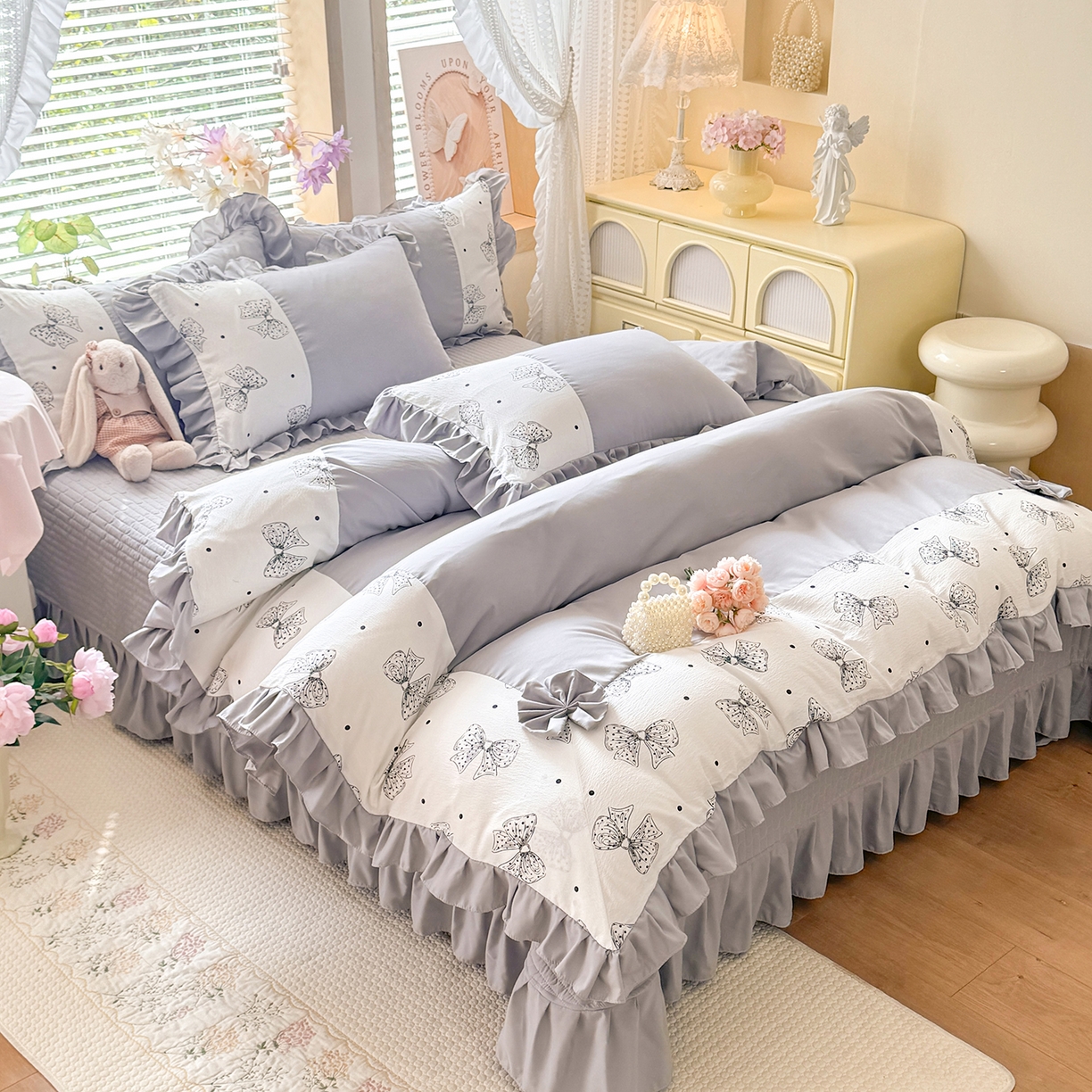 91家纺网 家纺一手货源 找家纺 唐人居 2026新款水洗棉花边床盖四件套-彩色波点 彩色波点-灰