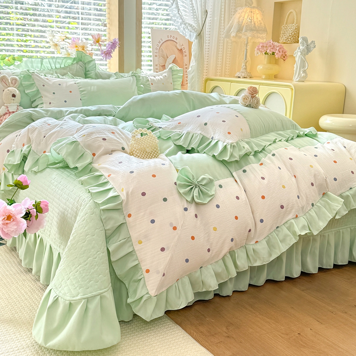 91家纺网 家纺一手货源 找家纺 唐人居 2026新款水洗棉花边床盖四件套-彩色波点 彩色波点-绿