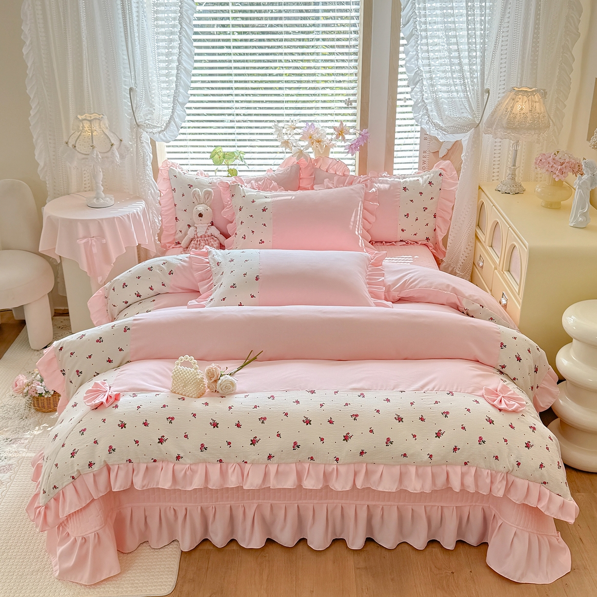 唐人居 2026新款水洗棉花边床盖四件套-彩色波点 彩色波点-粉