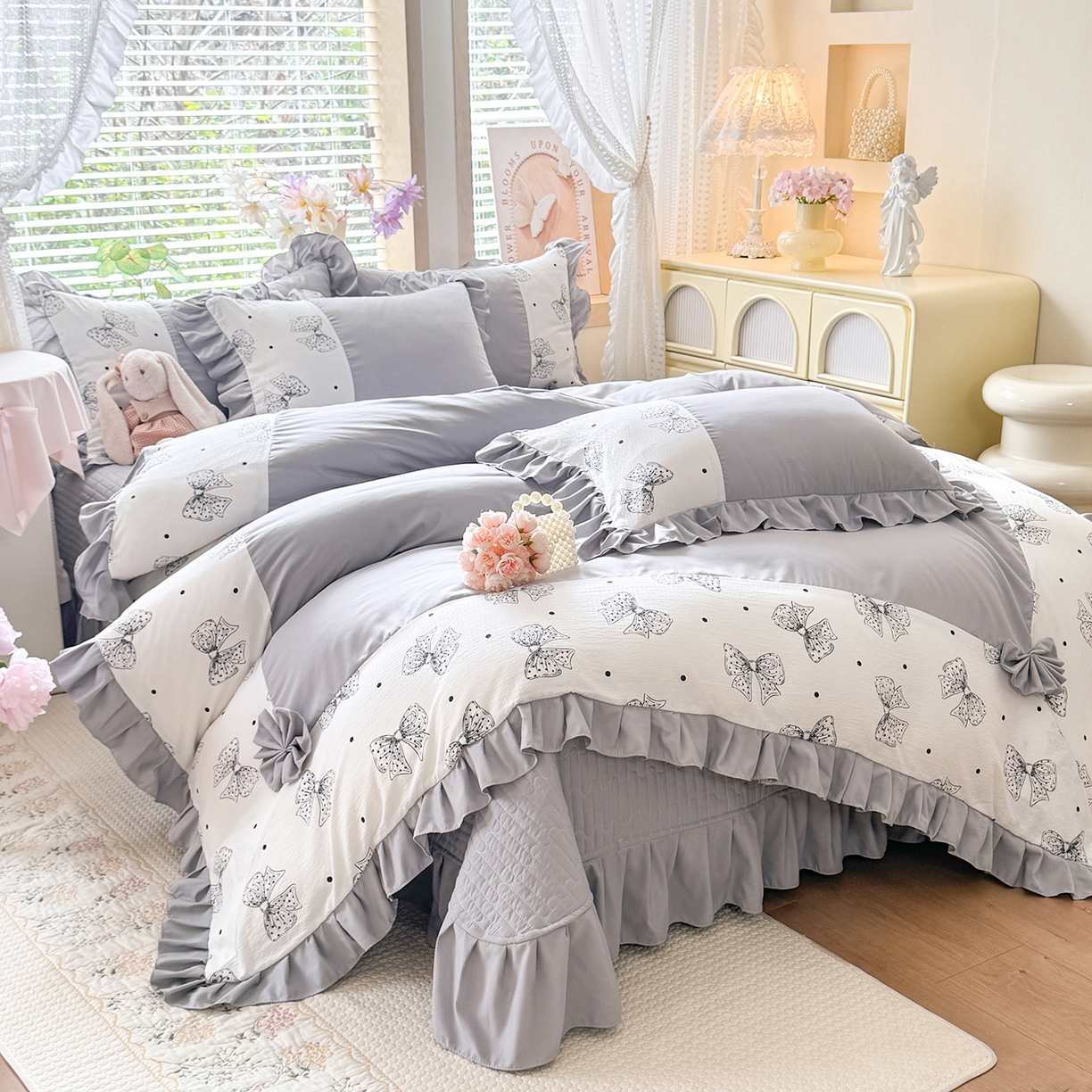 91家纺网 家纺一手货源 找家纺 唐人居 2026新款水洗棉花边床盖四件套-彩色波点 彩色波点-灰