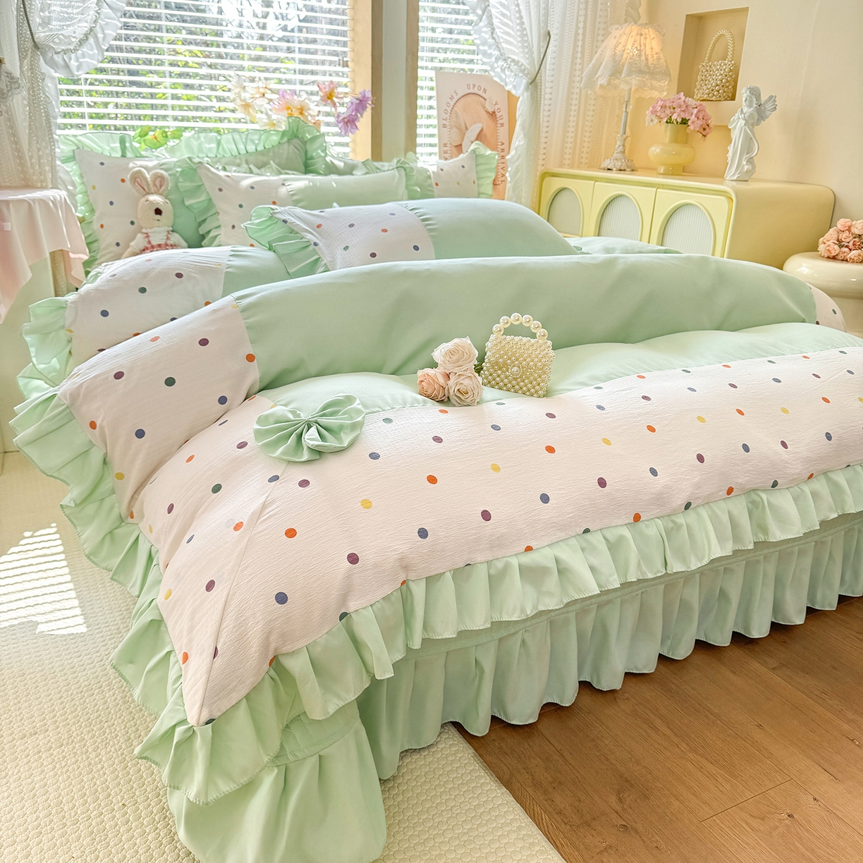 91家纺网 家纺一手货源 找家纺 唐人居 2026新款水洗棉花边床盖四件套-彩色波点 彩色波点-绿