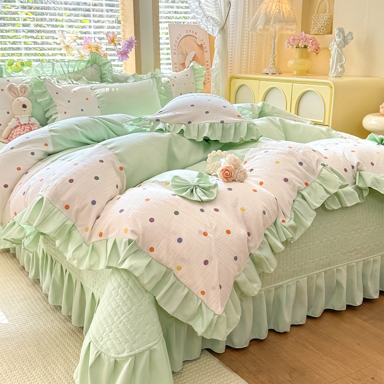 91家纺网 家纺一手货源 找家纺 唐人居 2026新款水洗棉花边床盖四件套-彩色波点 彩色波点-绿