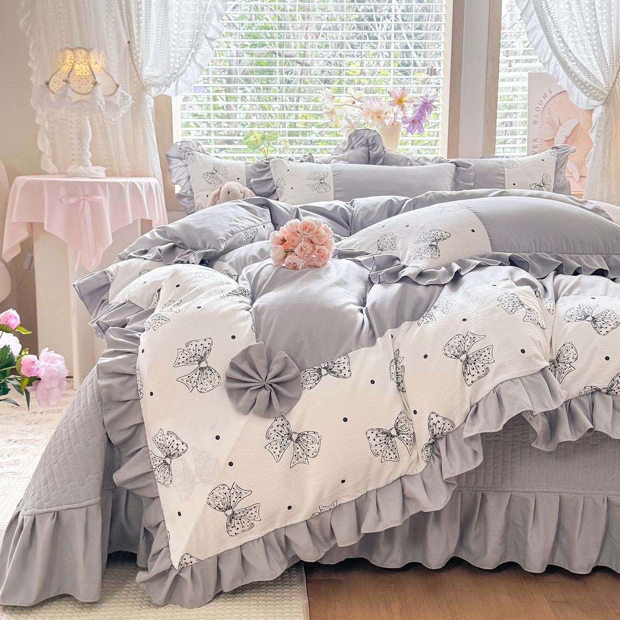 91家纺网 家纺一手货源 找家纺 唐人居 2026新款水洗棉花边床盖四件套-彩色波点 彩色波点-灰