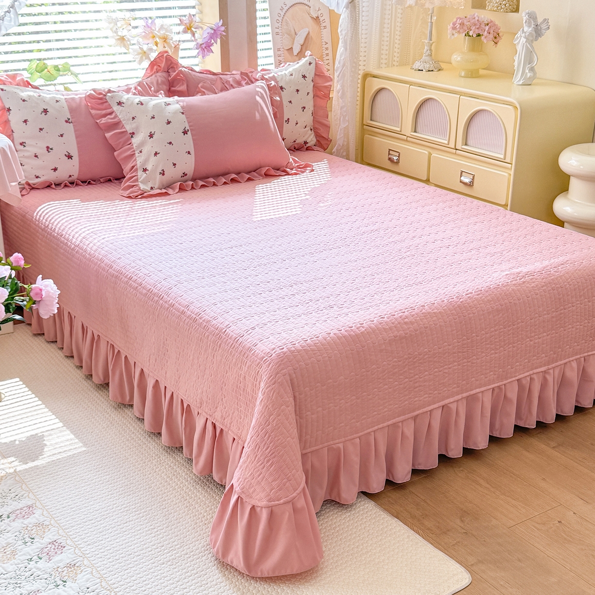 91家纺网 家纺一手货源 找家纺 唐人居 2026新款水洗棉花边床盖四件套-彩色波点 彩色波点-豆沙